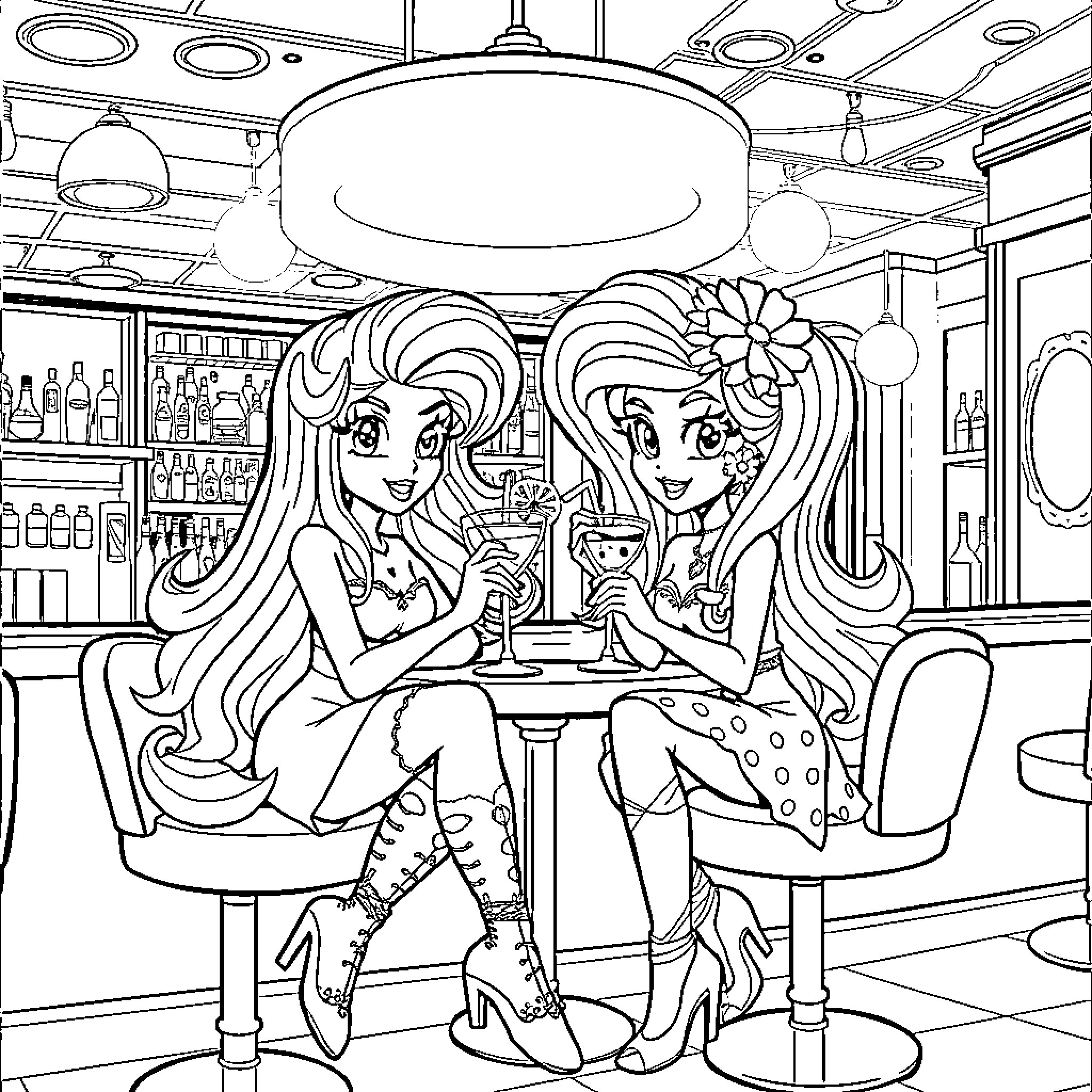Rainbow Brite Friends Enjoying Drinks at the Bar Coloring Page (free black-and-white line drawing printable PDF for all, from beginners to advanced learners, including children, teens, adults, and seniors)