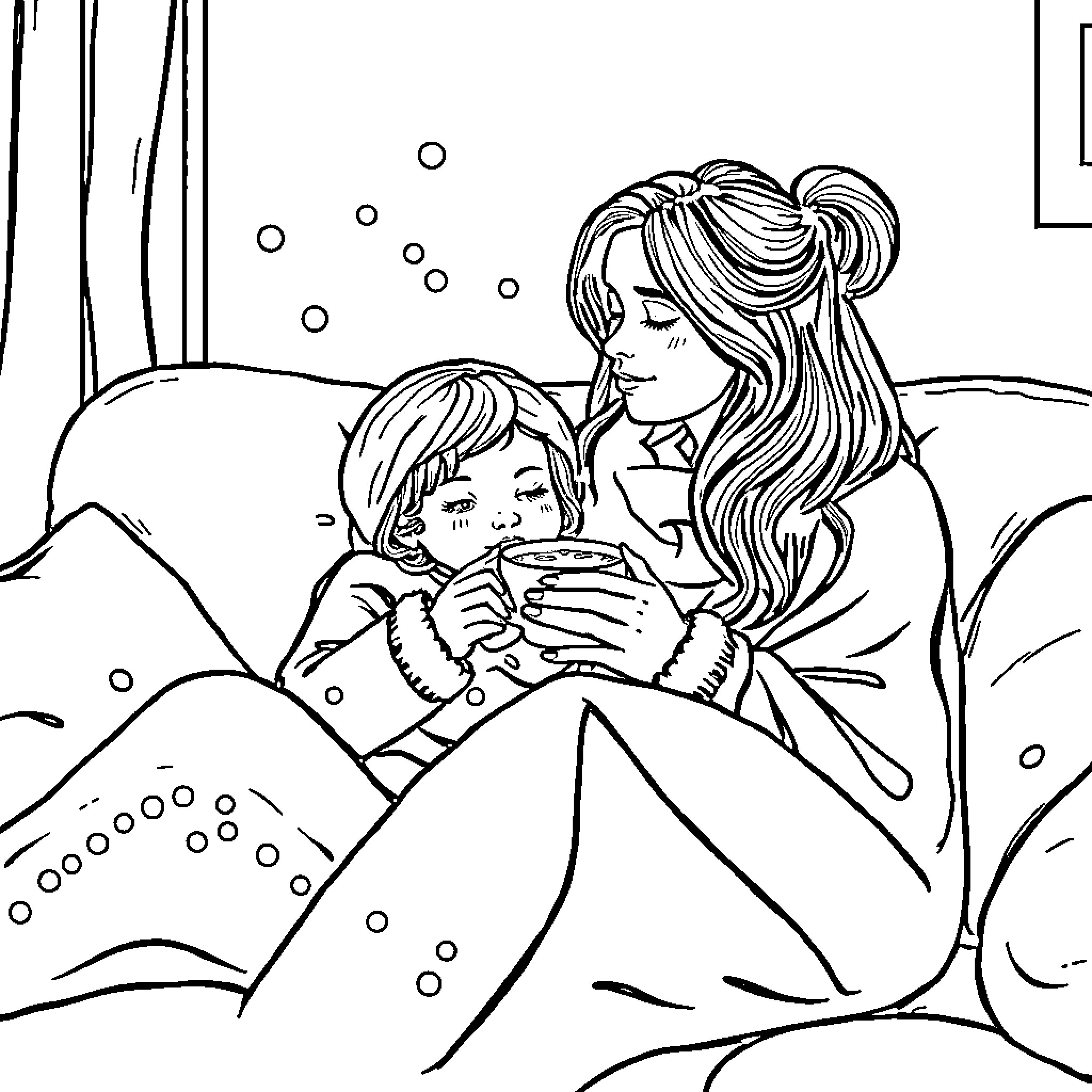 Mom comforting child on a snowy day Coloring Page (free black-and-white line drawing printable PDF for all, from beginners to advanced learners, including children, teens, adults, and seniors)