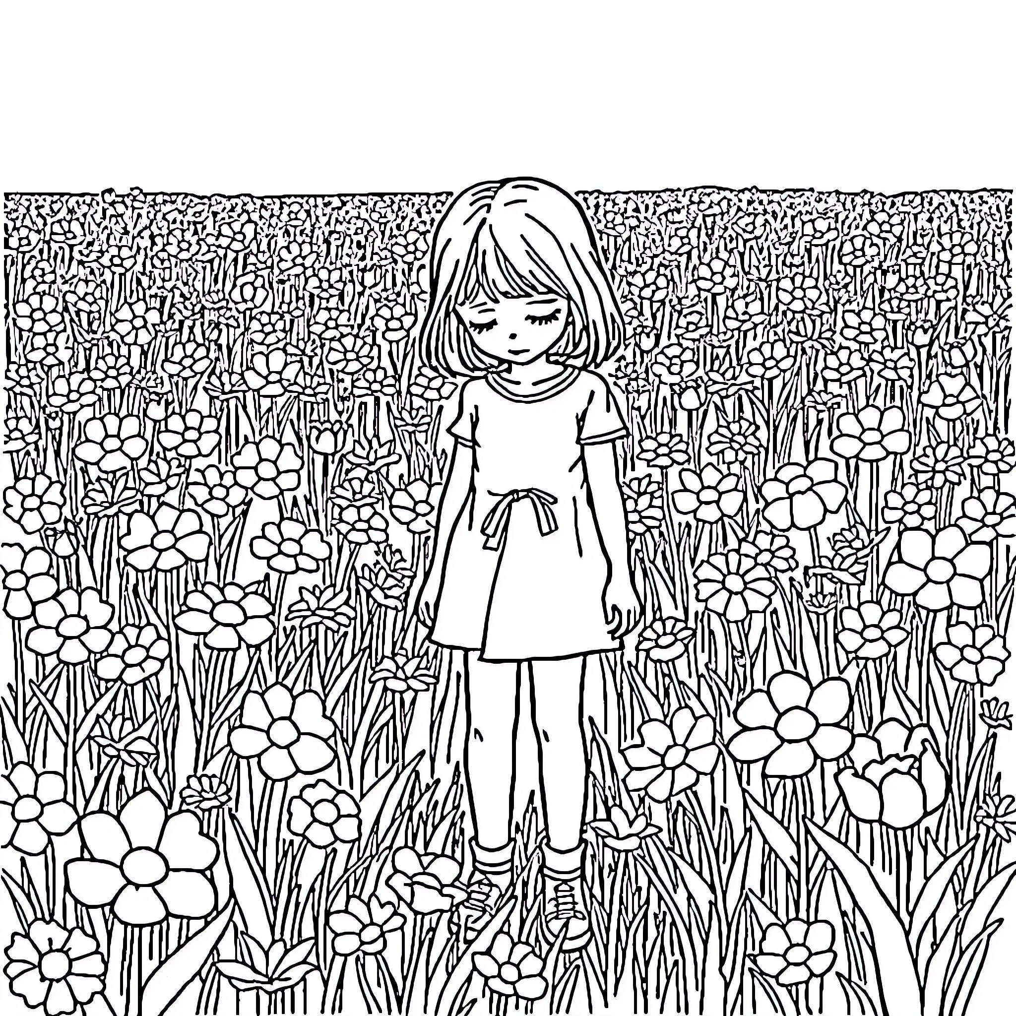 Girl standing in a field of flowers Coloring Page (free black-and-white line drawing printable PDF for all, from beginners to advanced learners, including children, teens, adults, and seniors)