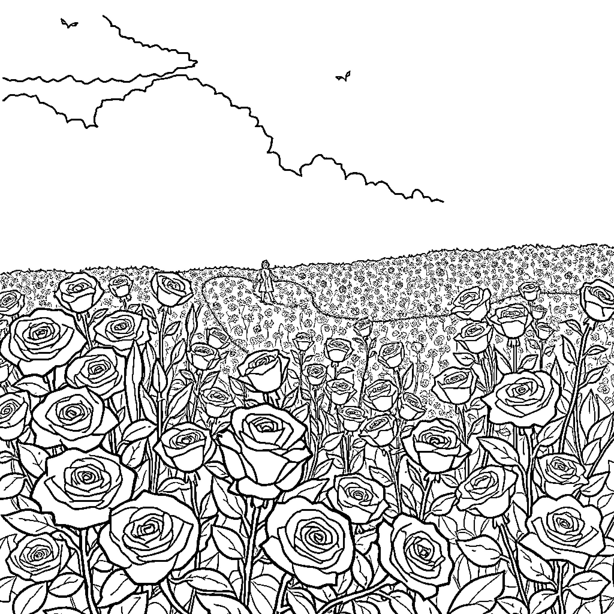 Kinetic Kaleidoscope of Roses in Nature Coloring Page (free black-and-white line drawing printable PDF for all, from beginners to advanced learners, including children, teens, adults, and seniors)