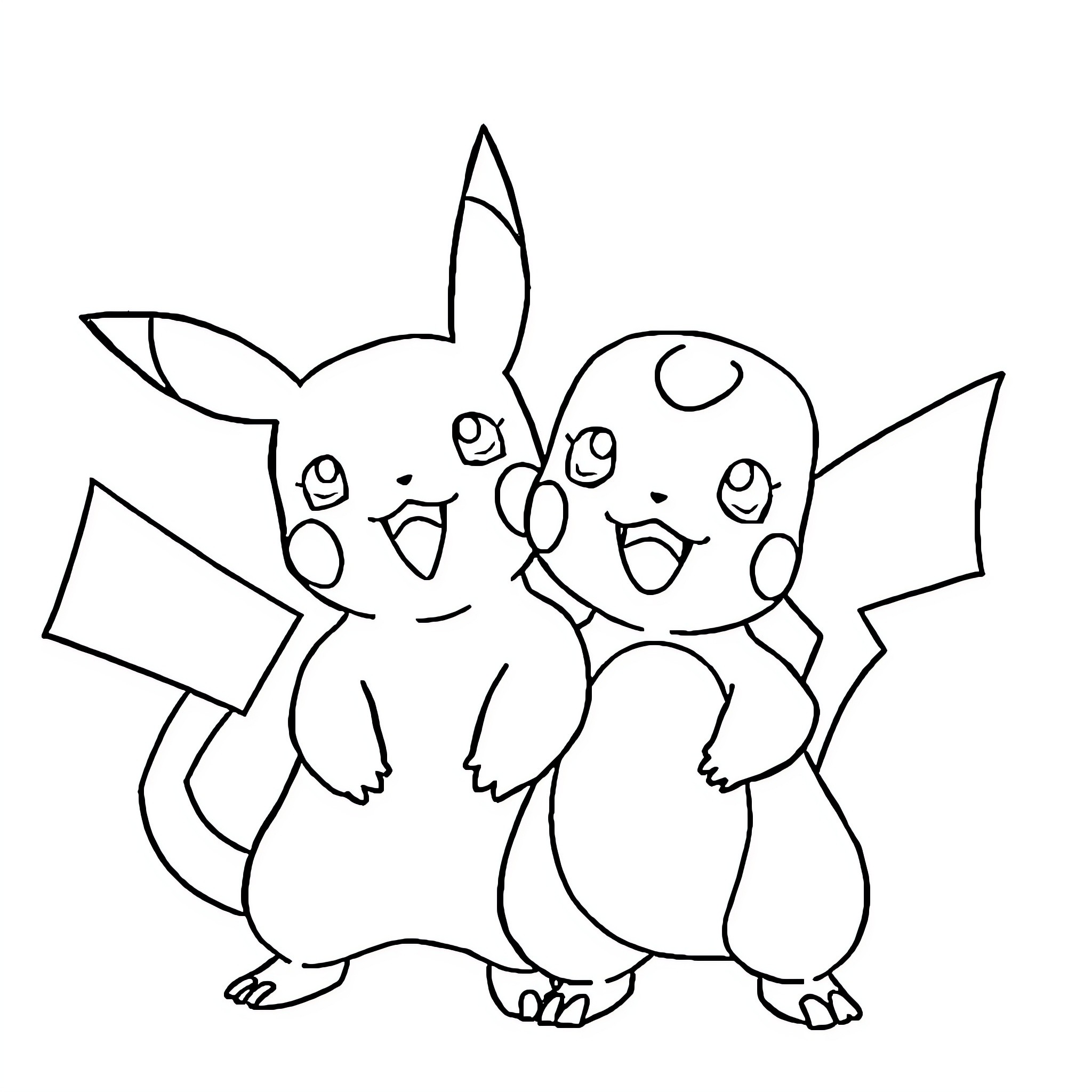 Pikachu and friends playing together Coloring Page (free black-and-white line drawing printable PDF for all, from beginners to advanced learners, including children, teens, adults, and seniors)