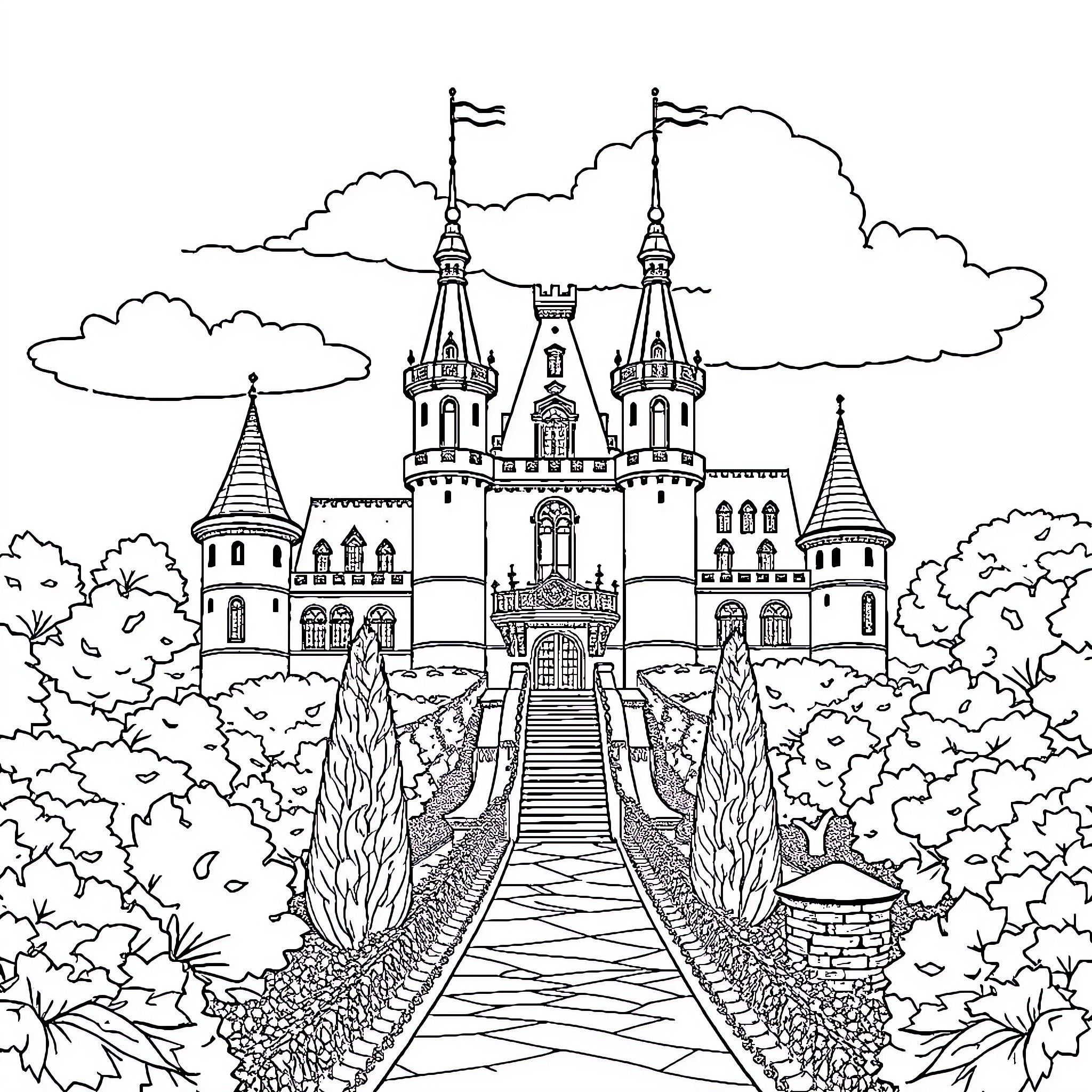Château of grand architecture and enchanting scenery Coloring Page (free black-and-white line drawing printable PDF for all, from beginners to advanced learners, including children, teens, adults, and seniors)