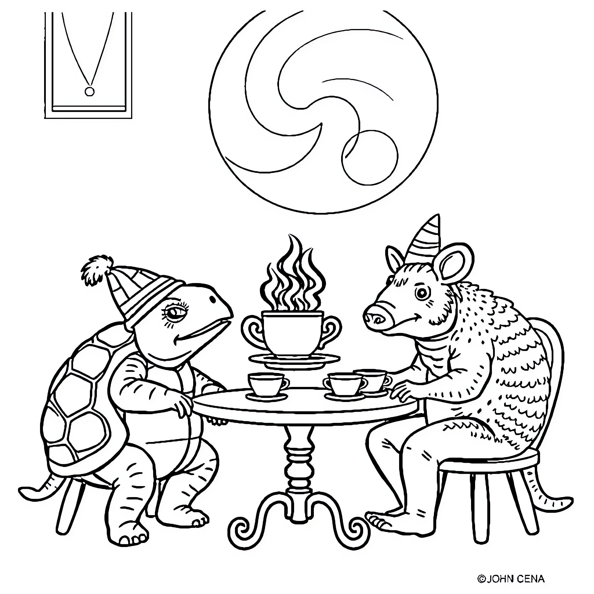 Turtle friends having a tea party Coloring Page (free black-and-white line drawing printable PDF for all, from beginners to advanced learners, including children, teens, adults, and seniors)