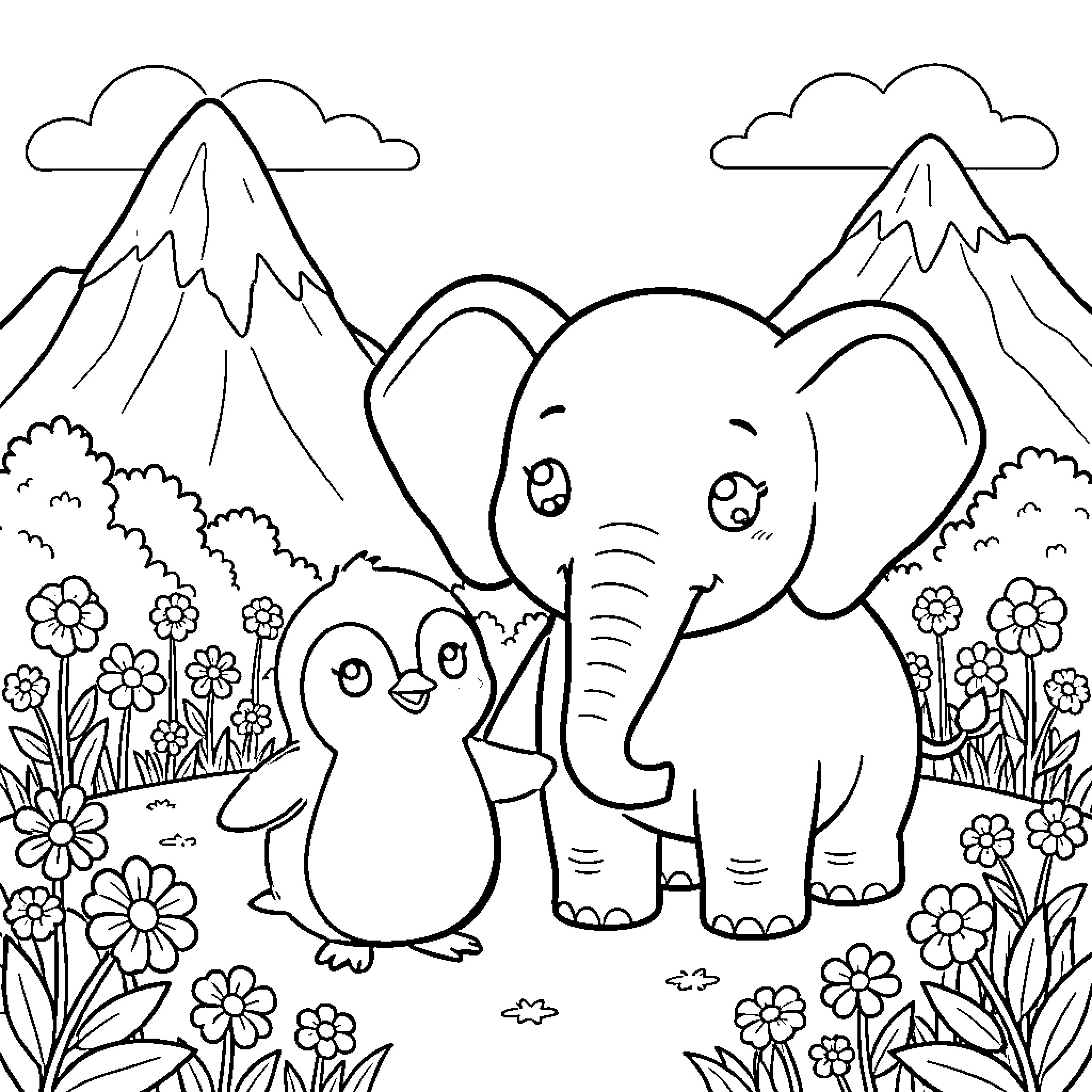Penguin and Elephant playing together in the mountains Coloring Page (free black-and-white line drawing printable PDF for all, from beginners to advanced learners, including children, teens, adults, and seniors)