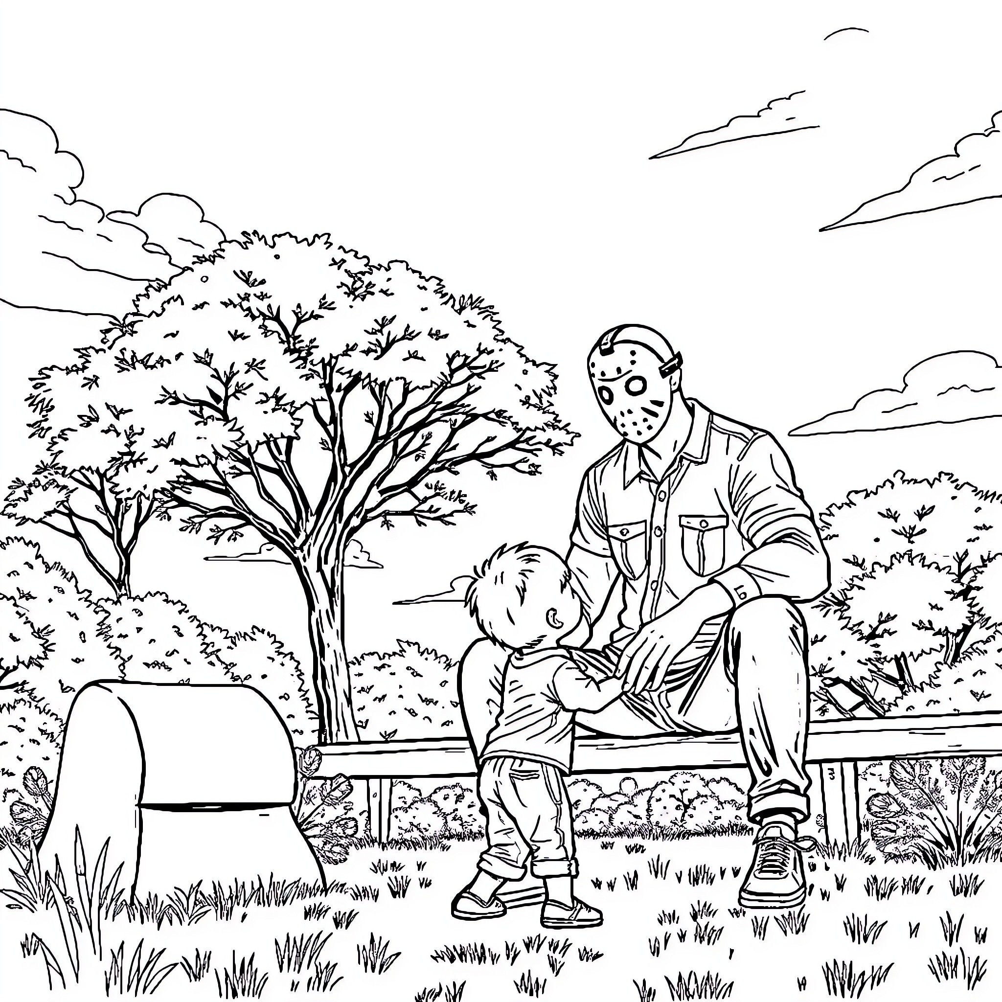 Jason spends quality time with his young companion in the park Coloring Page (free black-and-white line drawing printable PDF for all, from beginners to advanced learners, including children, teens, adults, and seniors)