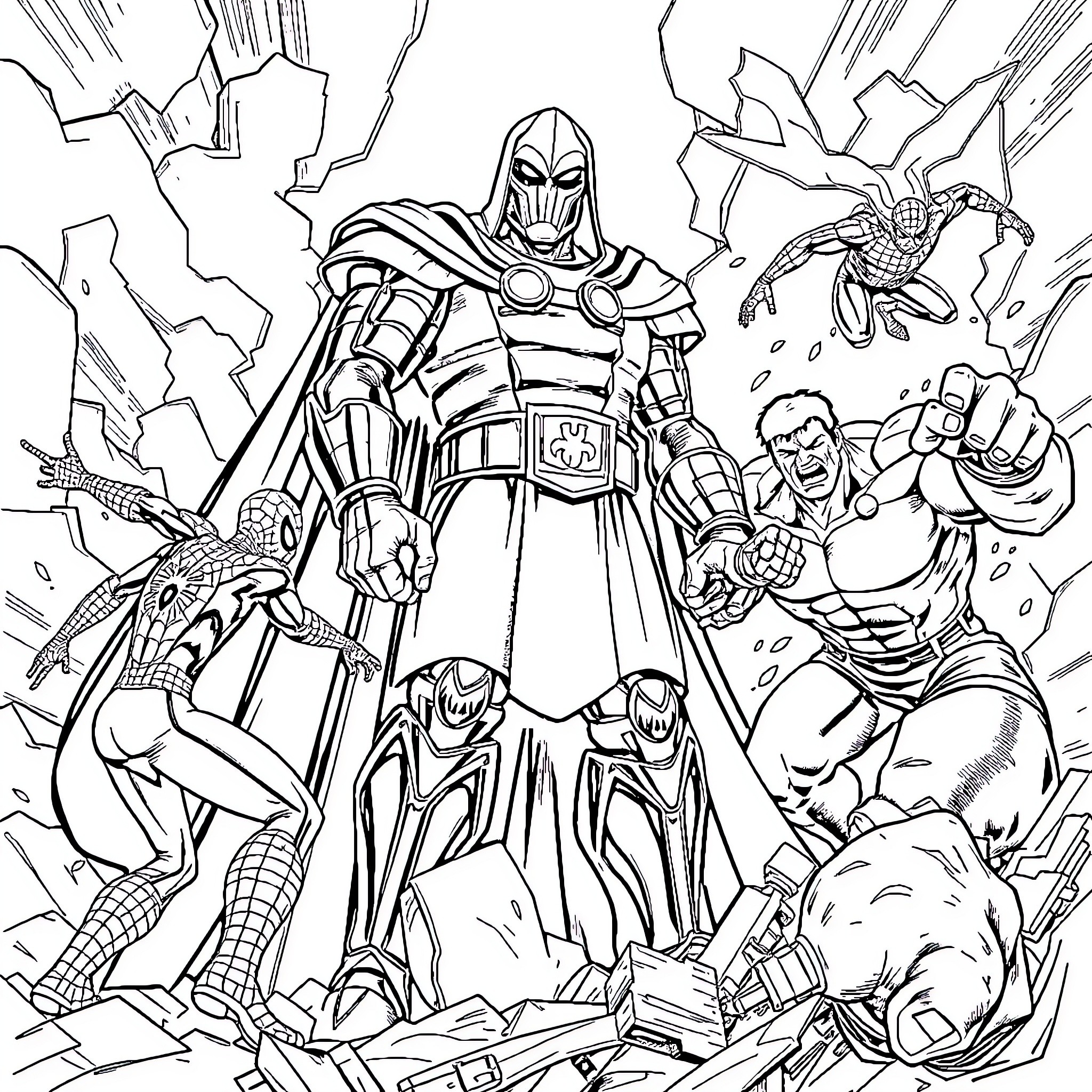 Dr. Doom leading his villainous henchmen in a battle Coloring Page (free black-and-white line drawing printable PDF for all, from beginners to advanced learners, including children, teens, adults, and seniors)
