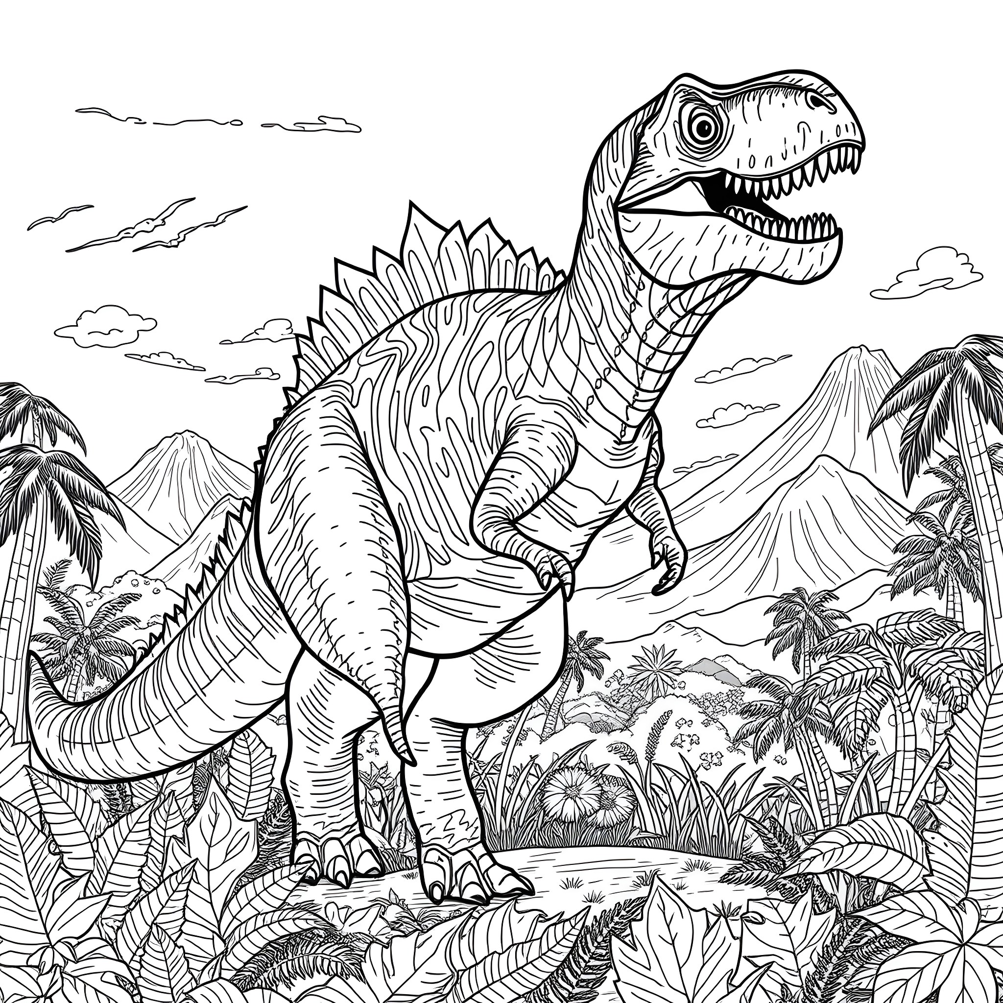 Dinosaur roaring in prehistoric landscape Coloring Page (free black-and-white line drawing printable PDF for all, from beginners to advanced learners, including children, teens, adults, and seniors)