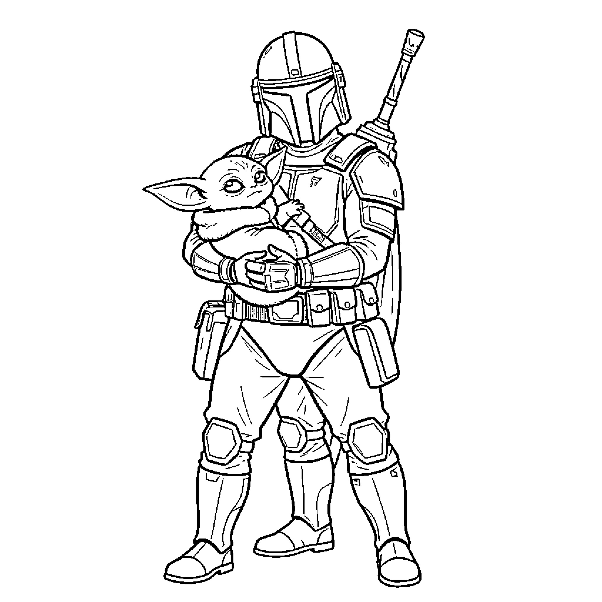 Baby Yoda being held by a Mandalorian warrior Coloring Page (free black-and-white line drawing printable PDF for all, from beginners to advanced learners, including children, teens, adults, and seniors)