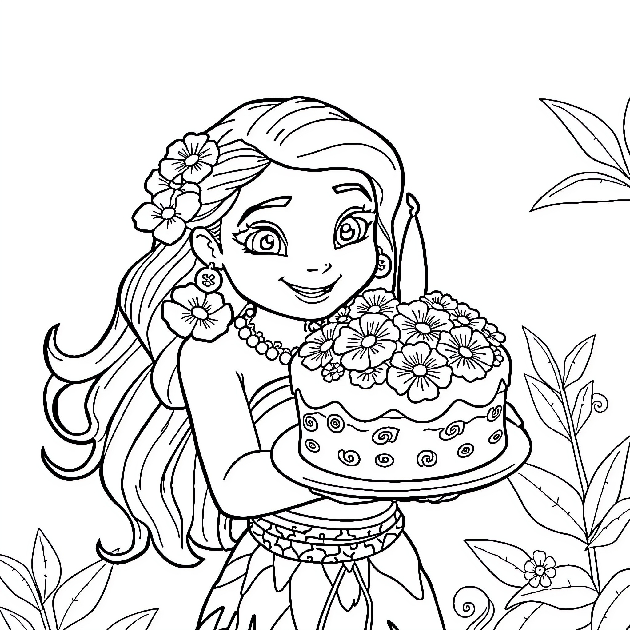 Moana celebrating with a festive cake and flowers Coloring Page (free black-and-white line drawing printable PDF for all, from beginners to advanced learners, including children, teens, adults, and seniors)