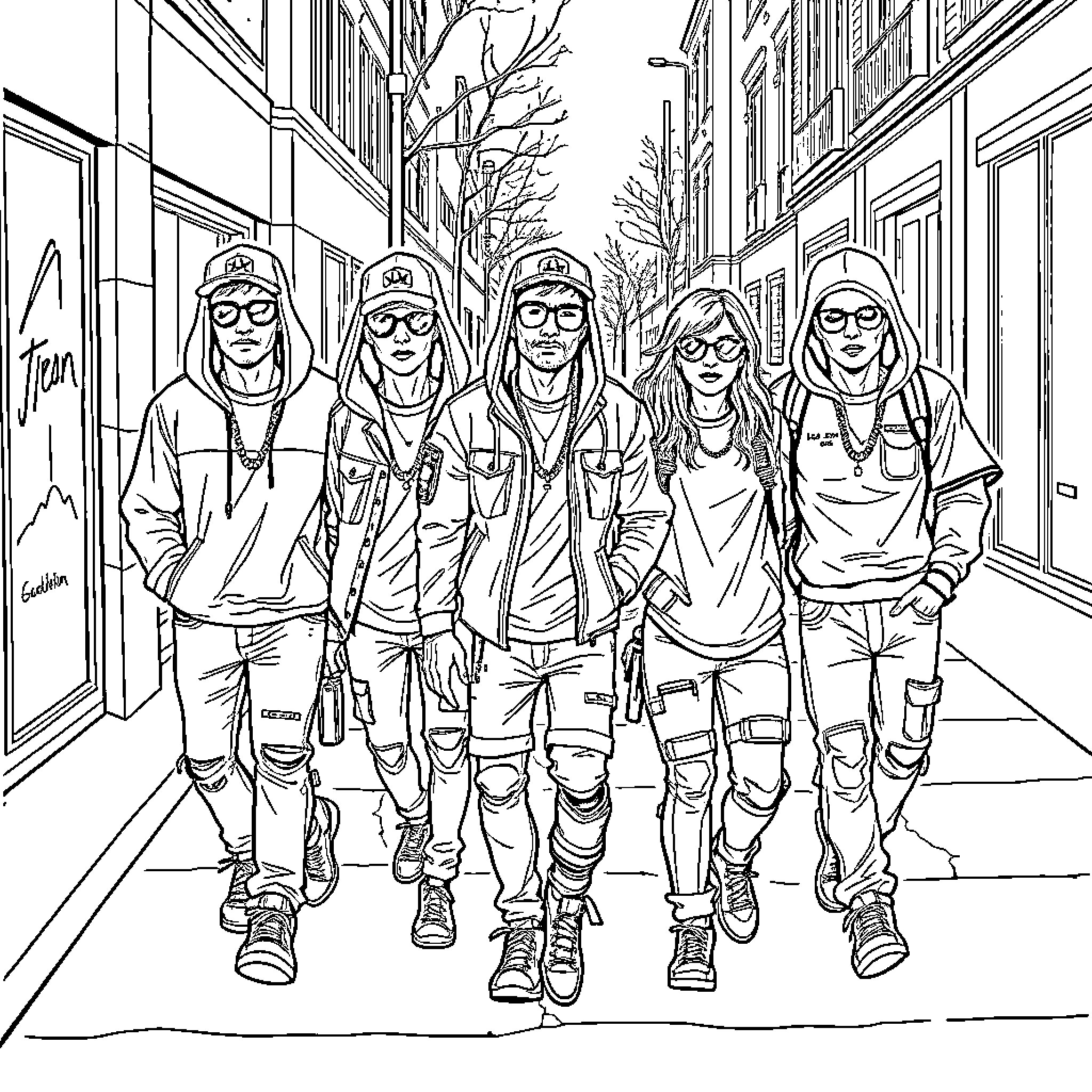 Hat-wearing group strolling down the city street Coloring Page (free black-and-white line drawing printable PDF for all, from beginners to advanced learners, including children, teens, adults, and seniors)