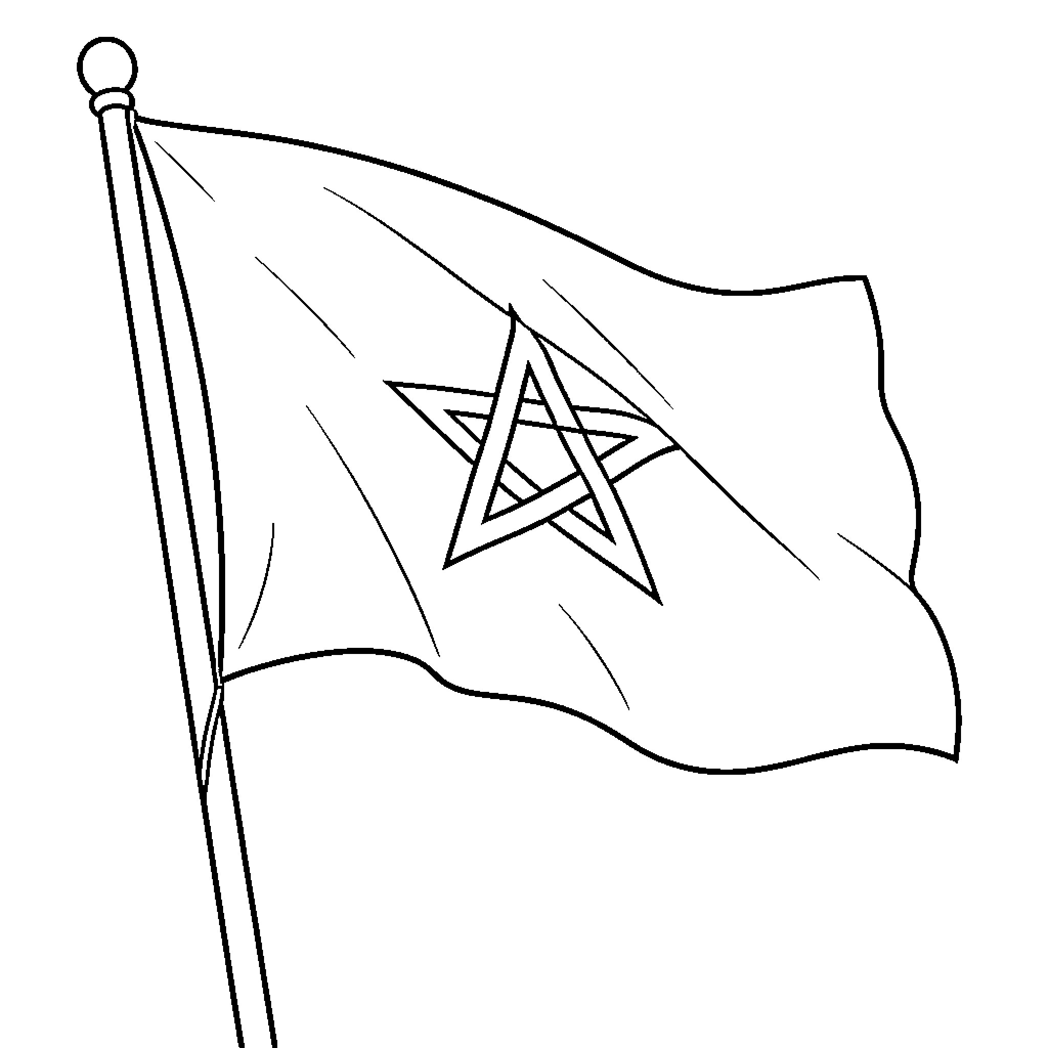 Moroccan Flag waving proudly on a flagpole Coloring Page (free black-and-white line drawing printable PDF for all, from beginners to advanced learners, including children, teens, adults, and seniors)
