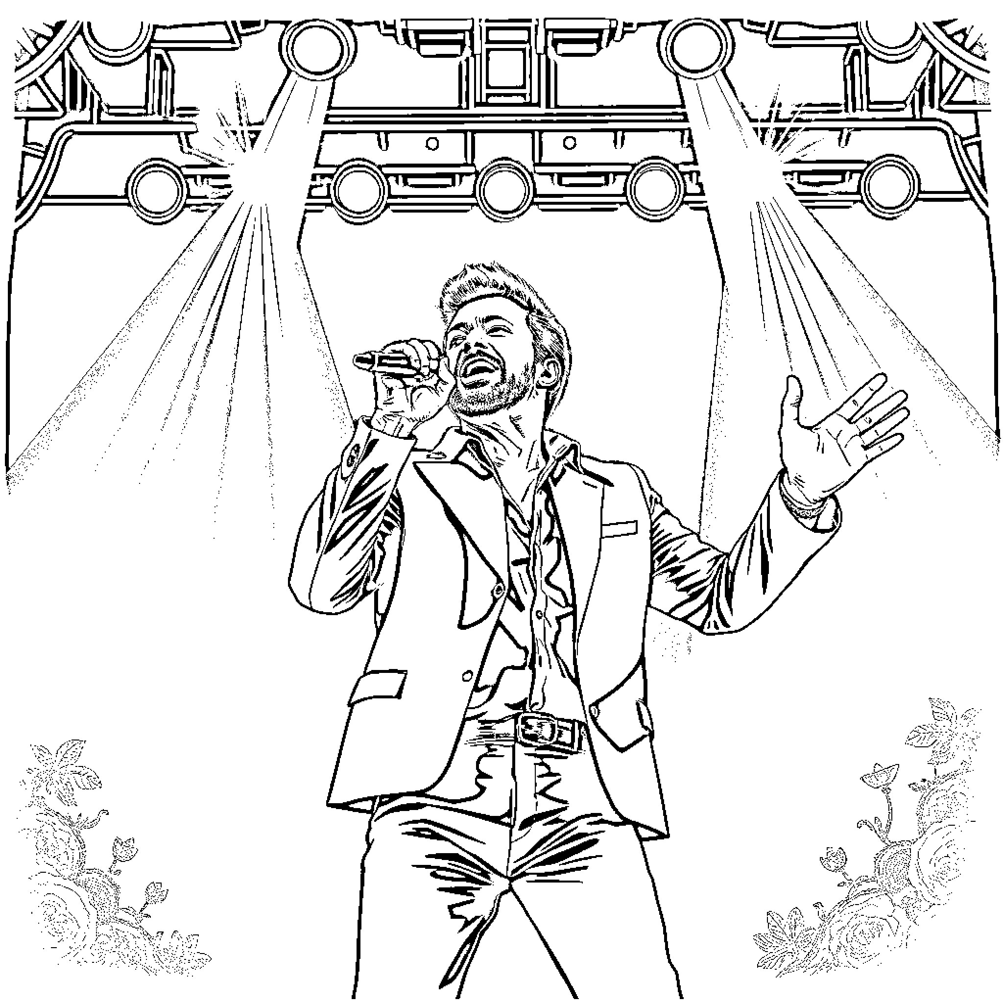 Ricky Martin singing passionately on stage Coloring Page (free black-and-white line drawing printable PDF for all, from beginners to advanced learners, including children, teens, adults, and seniors)