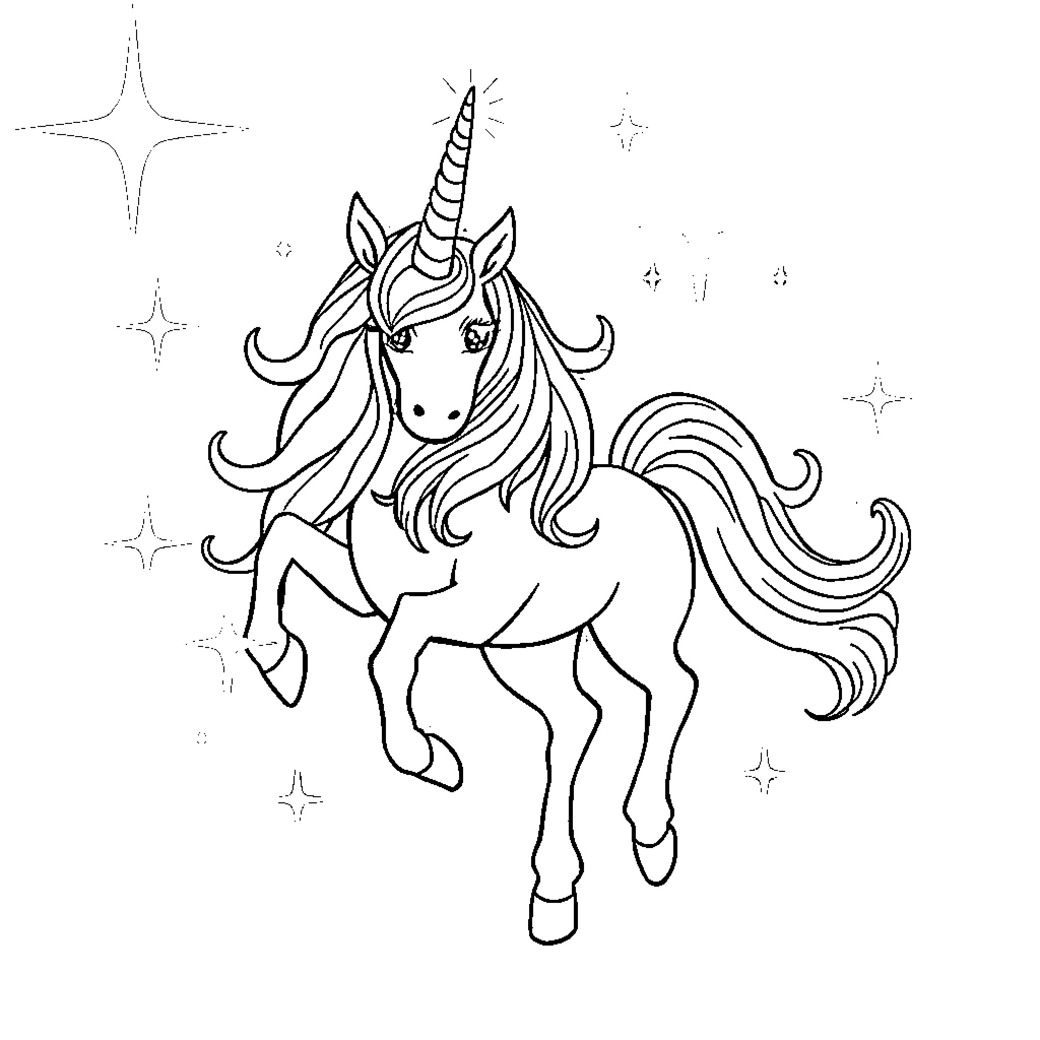 Unicorn prancing through a starry night Coloring Page (free black-and-white line drawing printable PDF for all, from beginners to advanced learners, including children, teens, adults, and seniors)