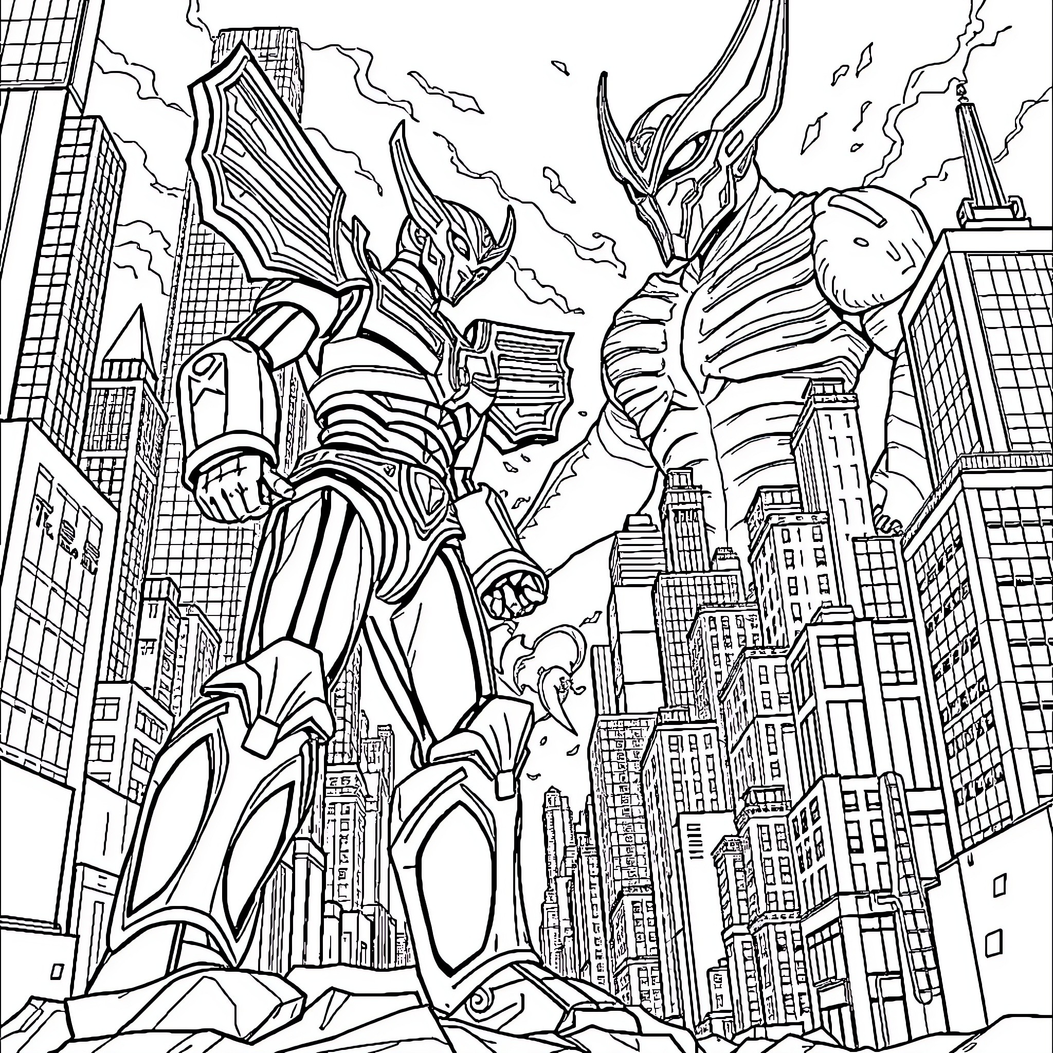 Ultraman battles giant monster in the city Coloring Page (free black-and-white line drawing printable PDF for all, from beginners to advanced learners, including children, teens, adults, and seniors)