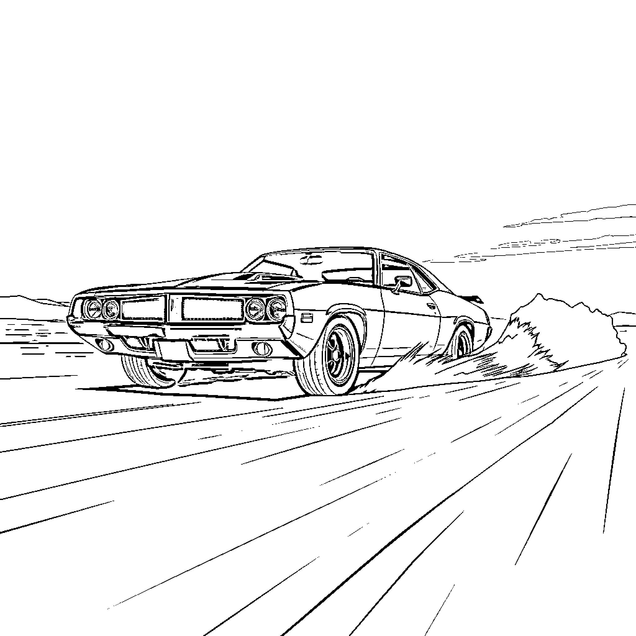 Car speeding on a desert highway Coloring Page (free black-and-white line drawing printable PDF for all, from beginners to advanced learners, including children, teens, adults, and seniors)