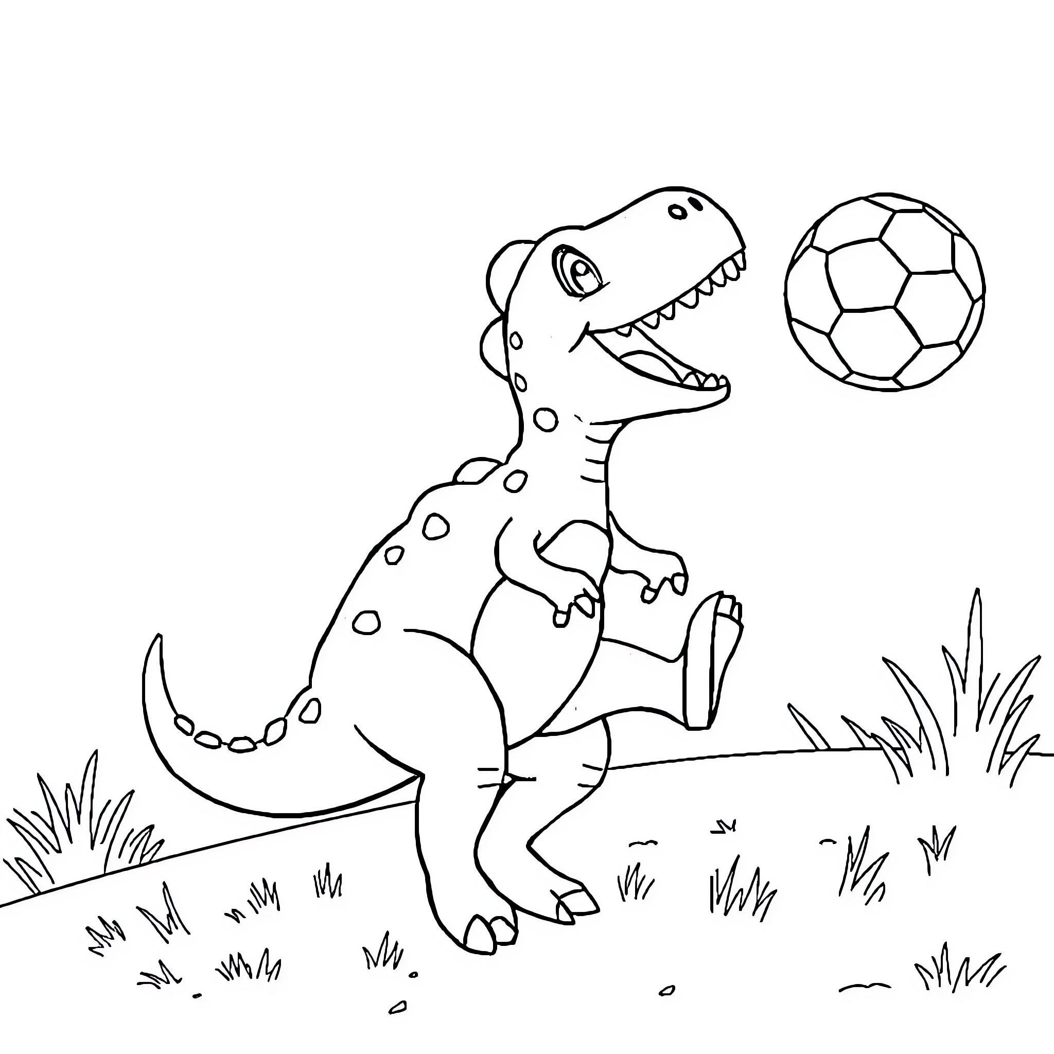 Dinosaur playing with soccer ball in the grass Coloring Page (free black-and-white line drawing printable PDF for all, from beginners to advanced learners, including children, teens, adults, and seniors)