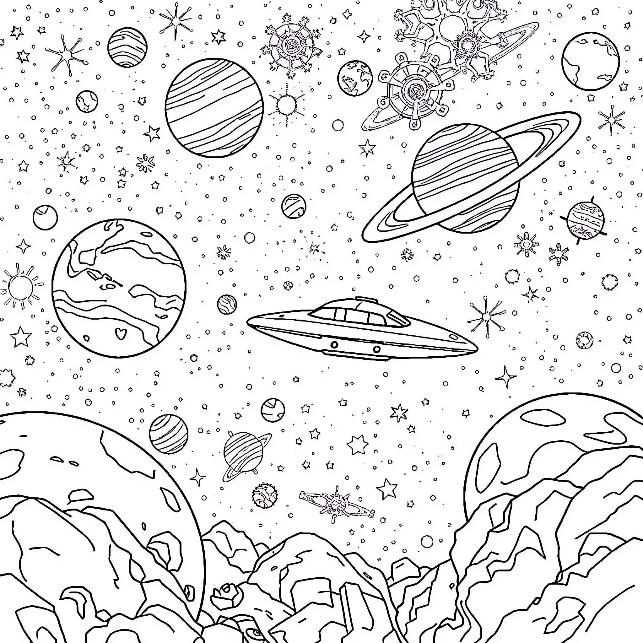 Space Exploration and Celestial Wonders Coloring Page (free black-and-white line drawing printable PDF for all, from beginners to advanced learners, including children, teens, adults, and seniors)