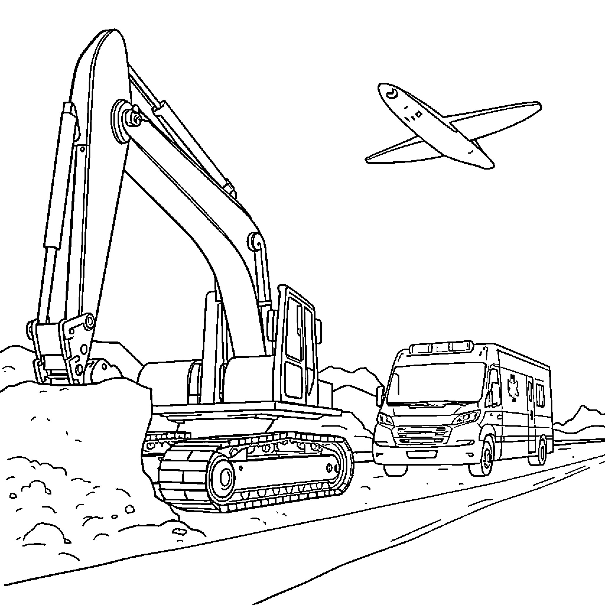 Excavator assisting construction work with airplane overhead Coloring Page (free black-and-white line drawing printable PDF for all, from beginners to advanced learners, including children, teens, adults, and seniors)