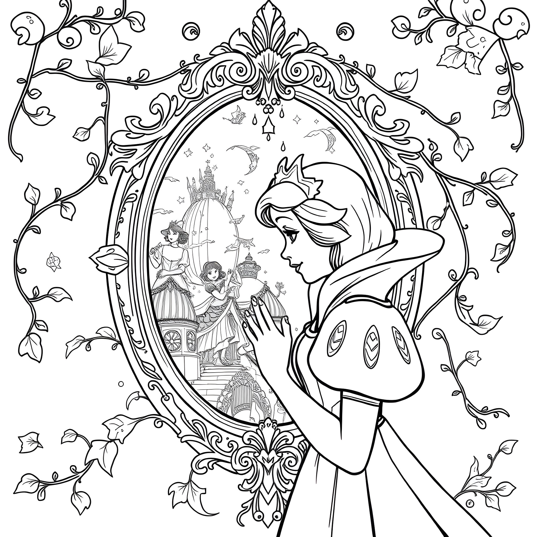 Magic Mirror Reflecting Snow White's Castle and Prince Coloring Page (free black-and-white line drawing printable PDF for all, from beginners to advanced learners, including children, teens, adults, and seniors)