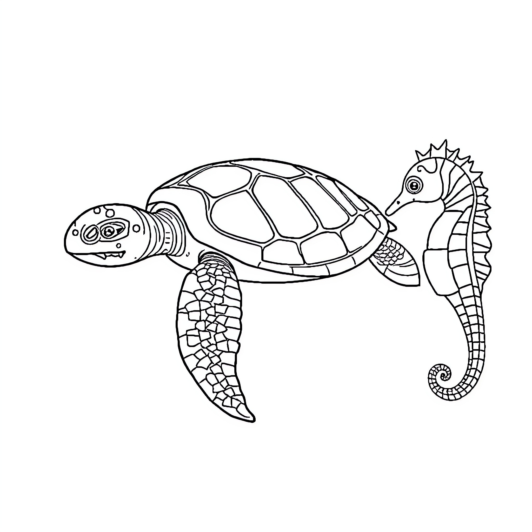 Sea Turtle swimming underwater with seahorse Coloring Page (free black-and-white line drawing printable PDF for all, from beginners to advanced learners, including children, teens, adults, and seniors)
