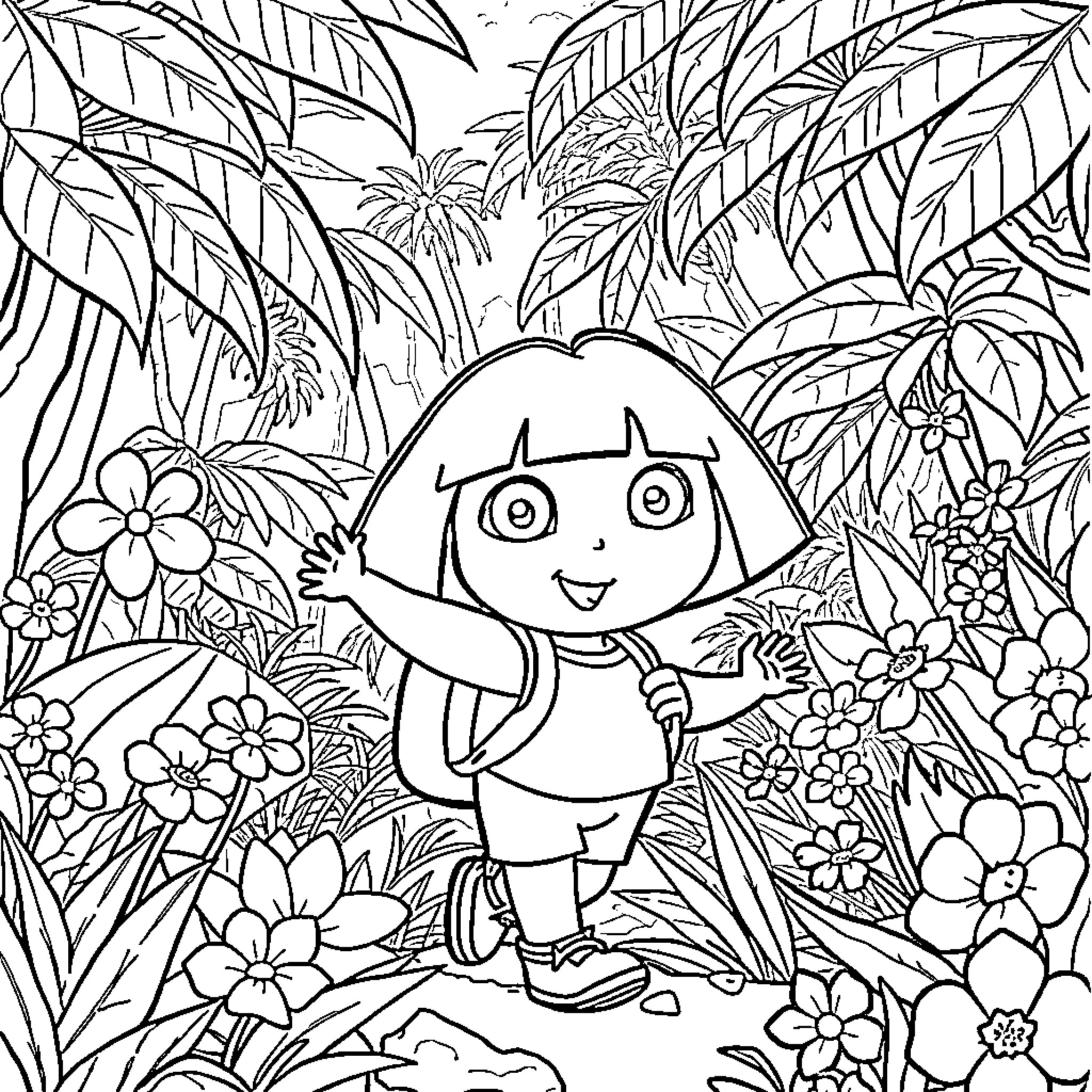 Dora's Jungle Adventure Coloring Page (free black-and-white line drawing printable PDF for all, from beginners to advanced learners, including children, teens, adults, and seniors)