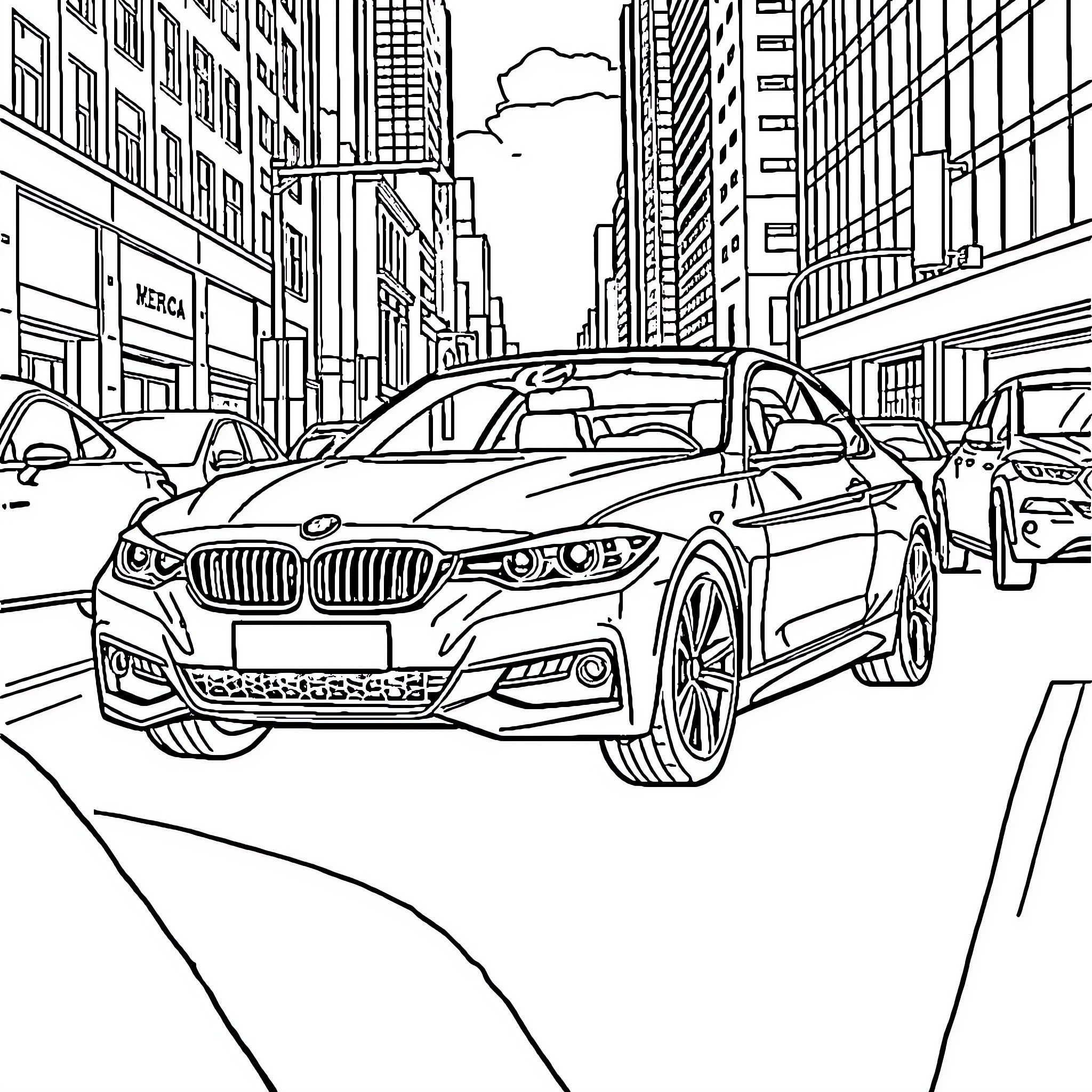 BMW Luxury Car Navigating Busy City Street Coloring Page (free black-and-white line drawing printable PDF for all, from beginners to advanced learners, including children, teens, adults, and seniors)