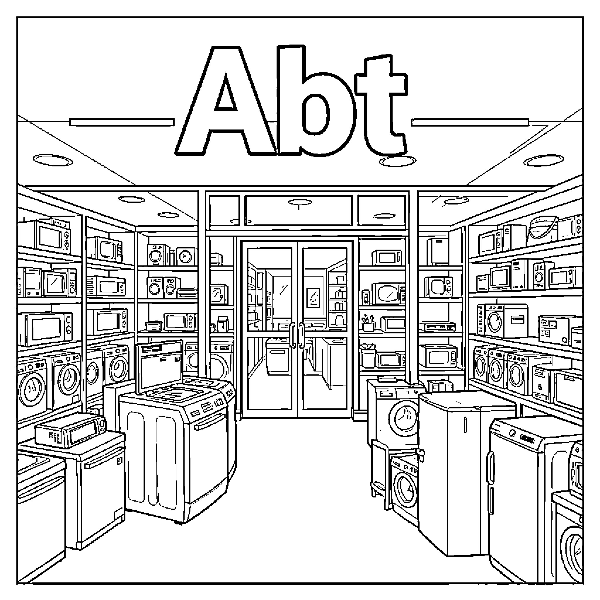 Abt showroom displaying various household appliances Coloring Page (free black-and-white line drawing printable PDF for all, from beginners to advanced learners, including children, teens, adults, and seniors)