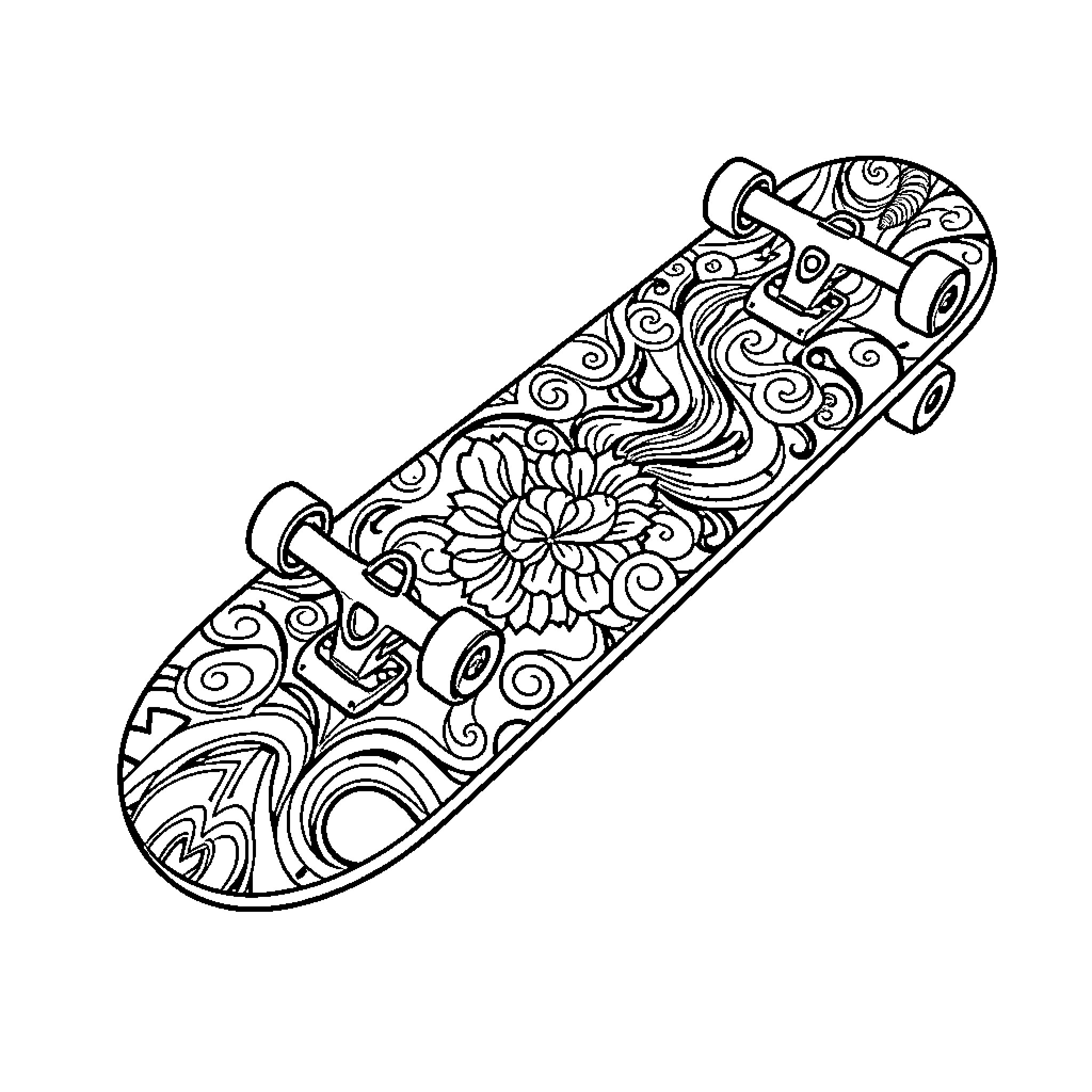 Skateboard with ornamental floral design Coloring Page (free black-and-white line drawing printable PDF for all, from beginners to advanced learners, including children, teens, adults, and seniors)