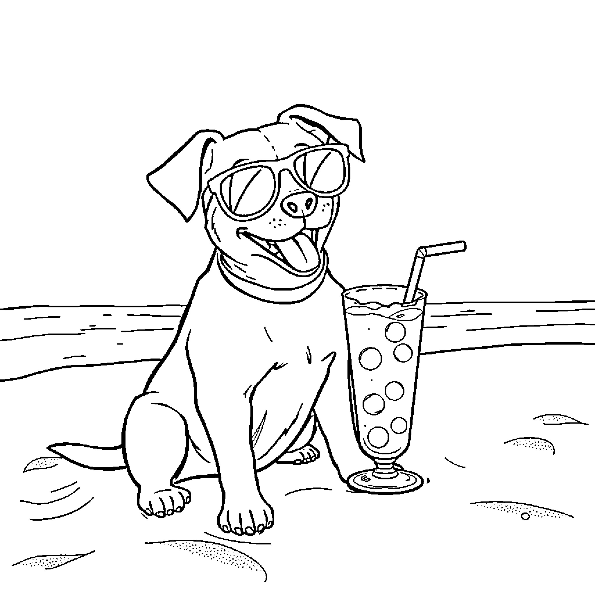 Dog enjoying a refreshing drink at the beach Coloring Page (free black-and-white line drawing printable PDF for all, from beginners to advanced learners, including children, teens, adults, and seniors)
