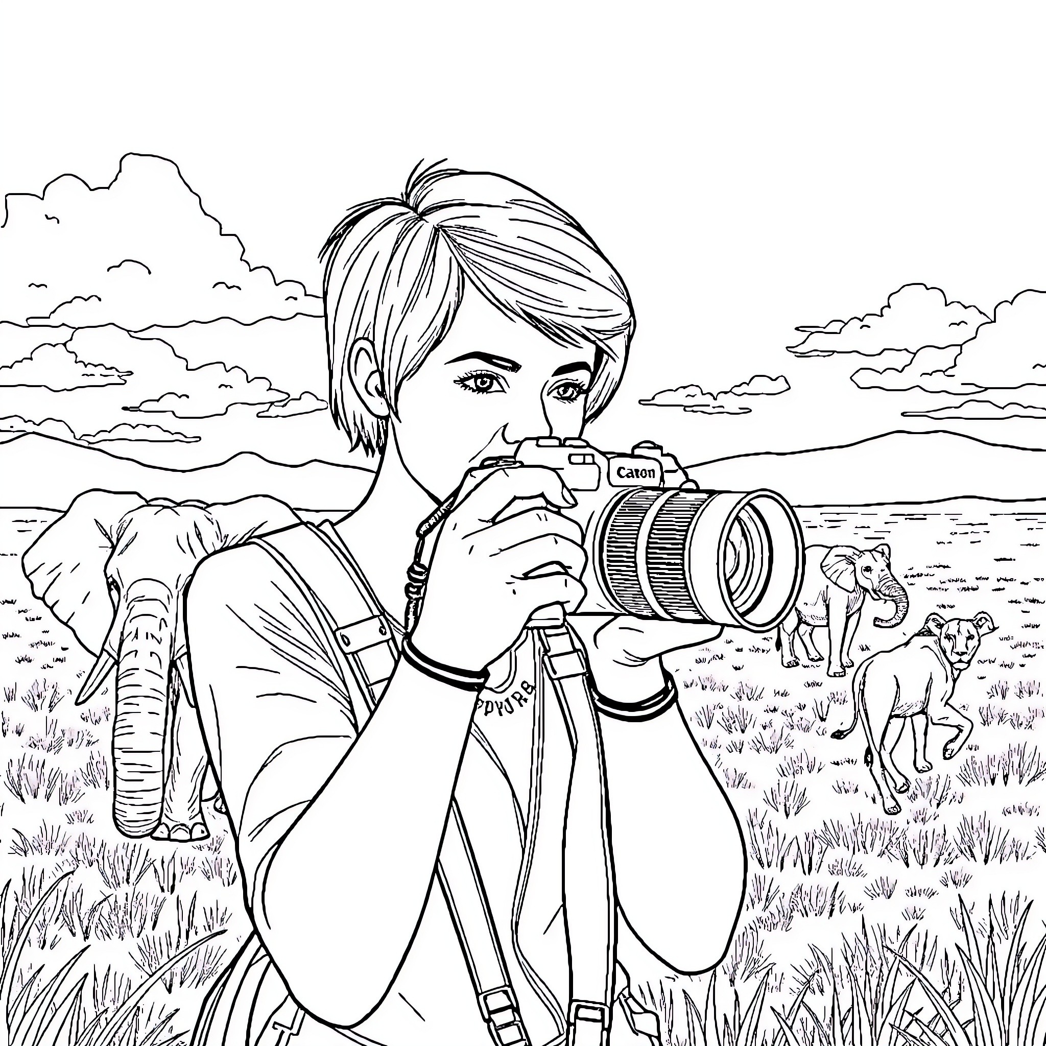 Female Photographer Capturing Scenic Landscape Coloring Page (free black-and-white line drawing printable PDF for all, from beginners to advanced learners, including children, teens, adults, and seniors)