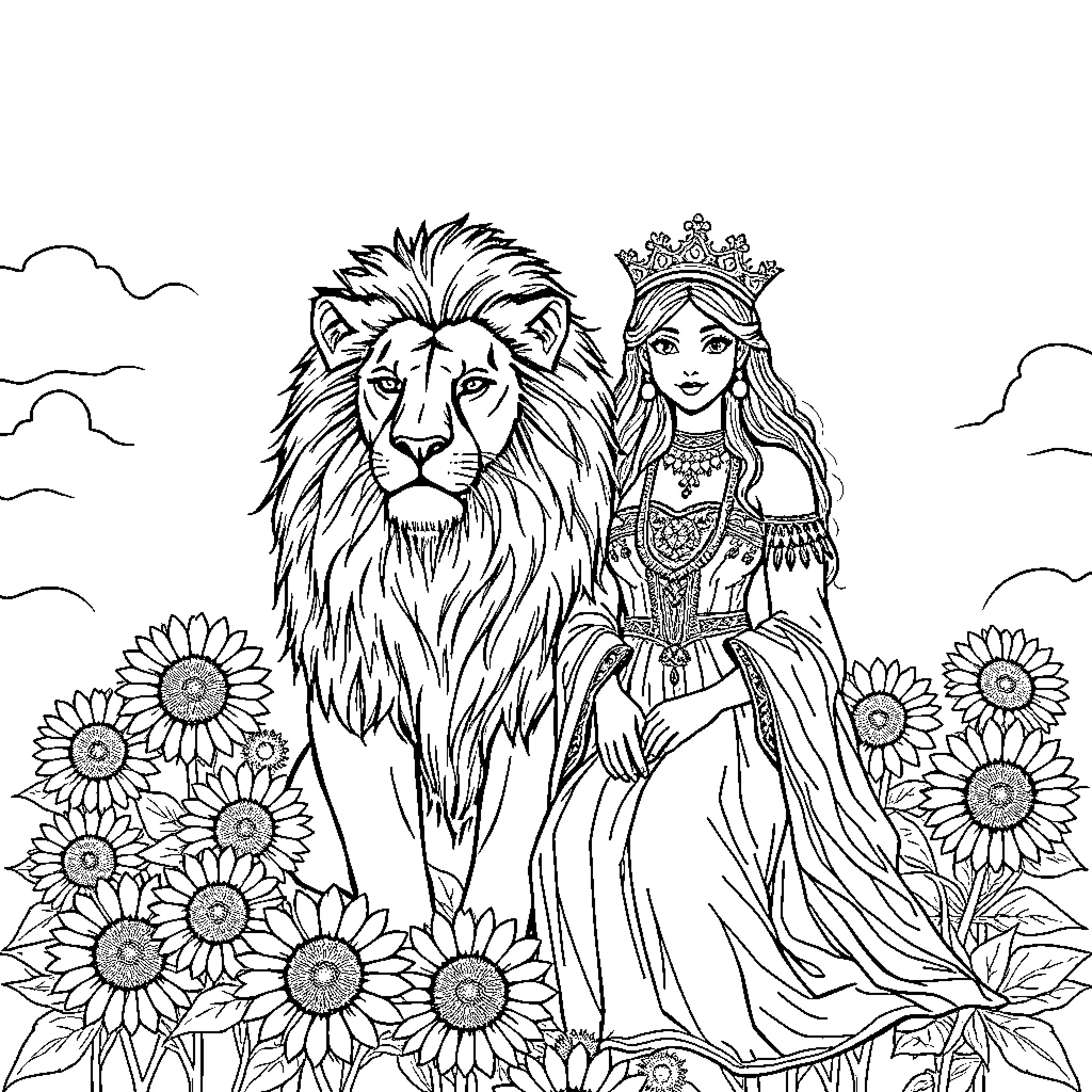 Lion and Queen in Flowery Scene Coloring Page (free black-and-white line drawing printable PDF for all, from beginners to advanced learners, including children, teens, adults, and seniors)