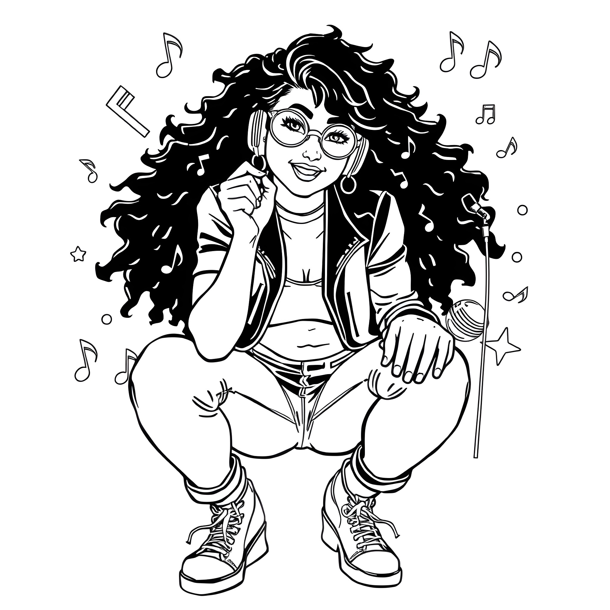 Ms Rachel's Joyful Musical Reverie Coloring Page (free black-and-white line drawing printable PDF for all, from beginners to advanced learners, including children, teens, adults, and seniors)