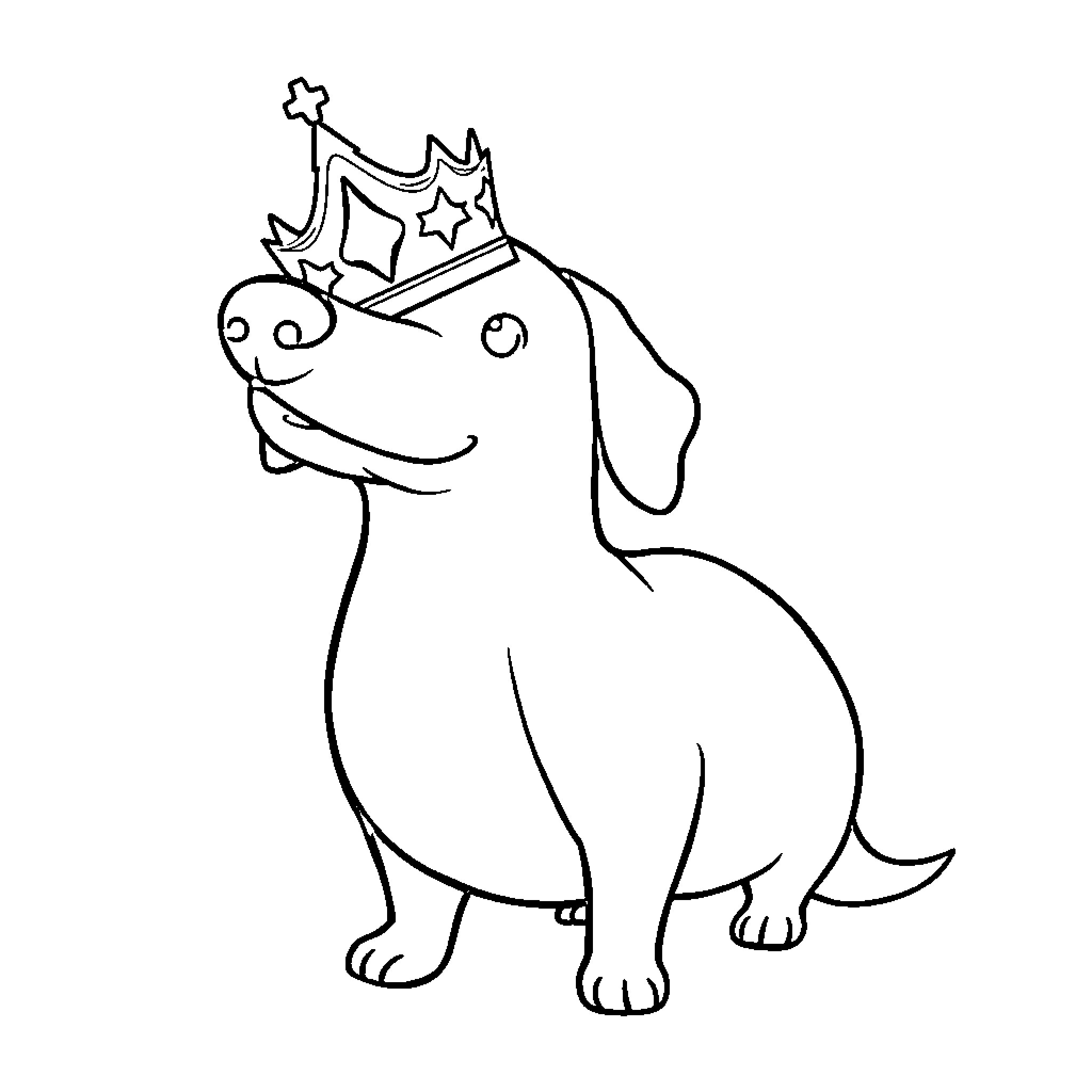 Sausage Dog wearing a crown and smiling Coloring Page (free black-and-white line drawing printable PDF for all, from beginners to advanced learners, including children, teens, adults, and seniors)