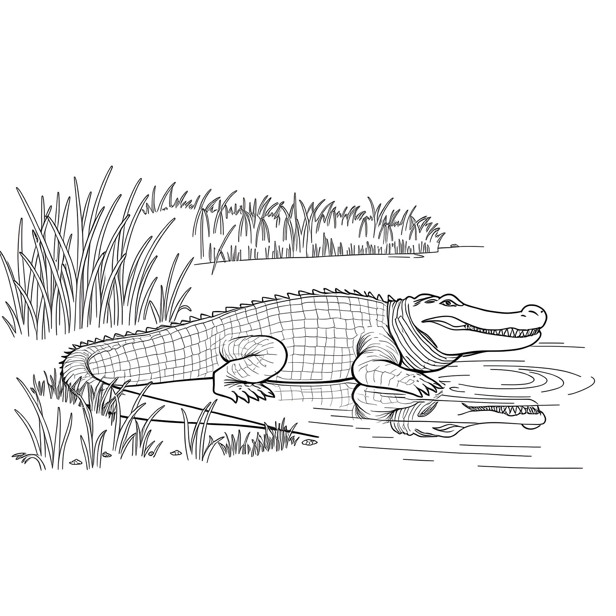 Crocodile resting in the swamp Coloring Page (free black-and-white line drawing printable PDF for all, from beginners to advanced learners, including children, teens, adults, and seniors)