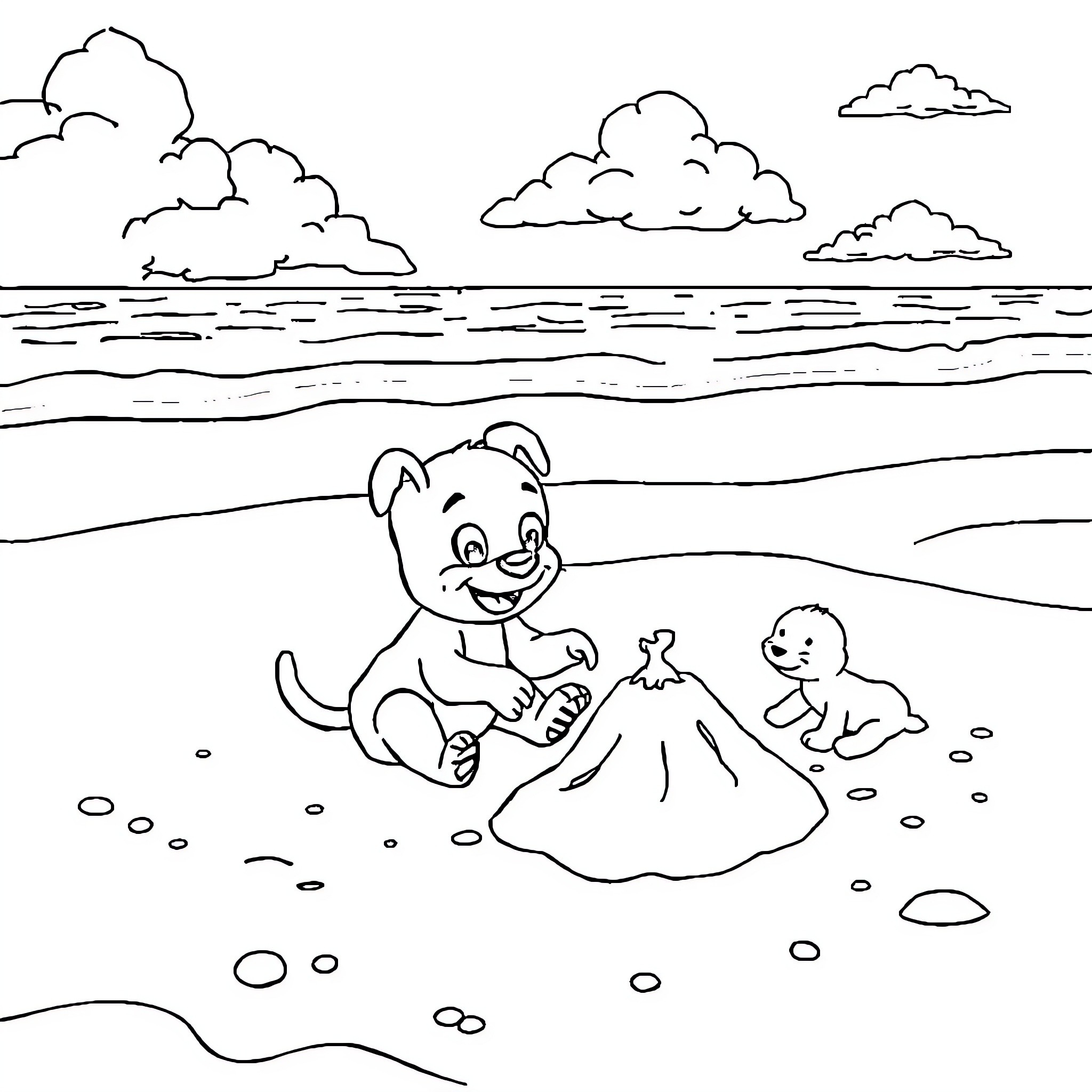 Bluey playing happily with friends on the beach Coloring Page (free black-and-white line drawing printable PDF for all, from beginners to advanced learners, including children, teens, adults, and seniors)