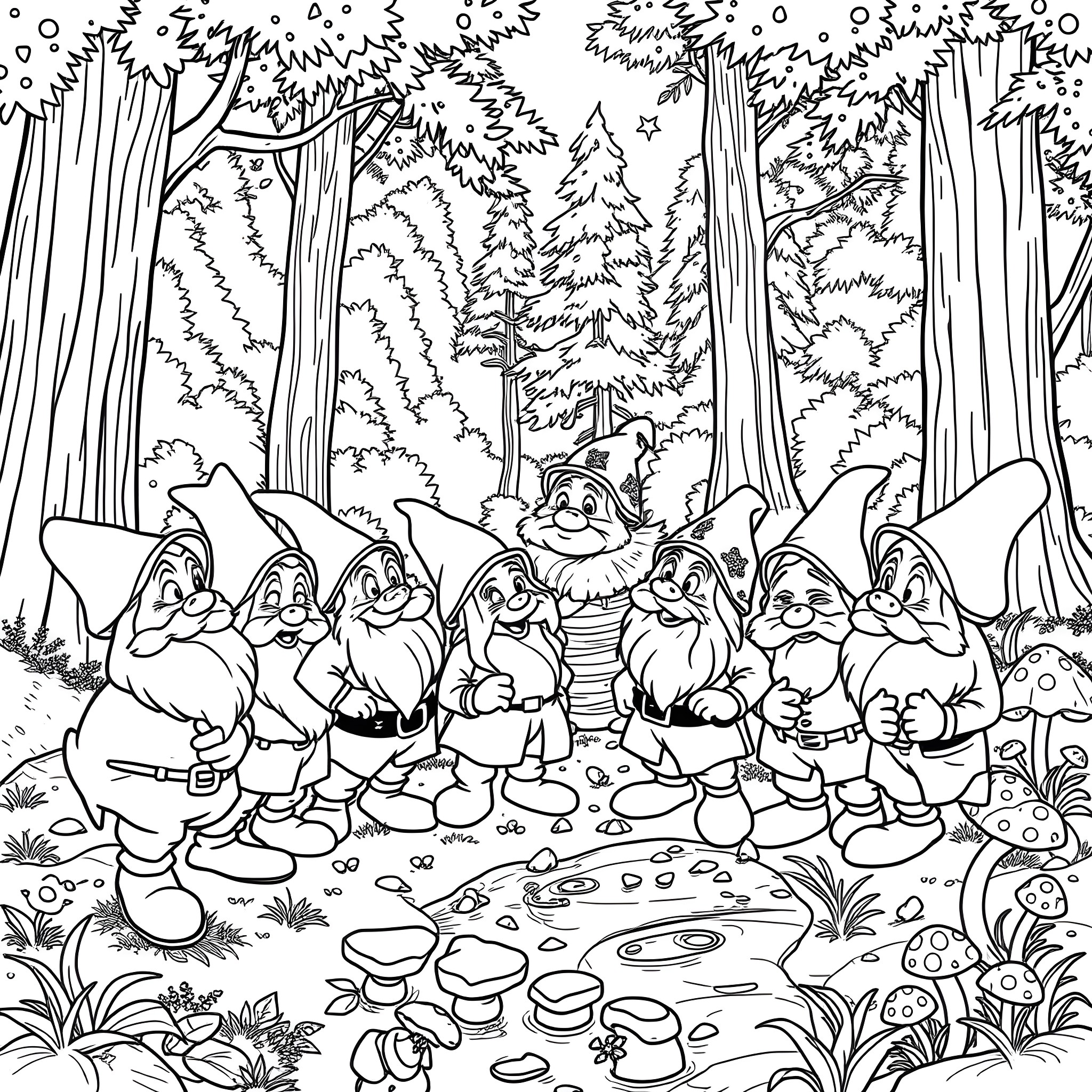 Dwarf characters in a whimsical forest scene Coloring Page (free black-and-white line drawing printable PDF for all, from beginners to advanced learners, including children, teens, adults, and seniors)