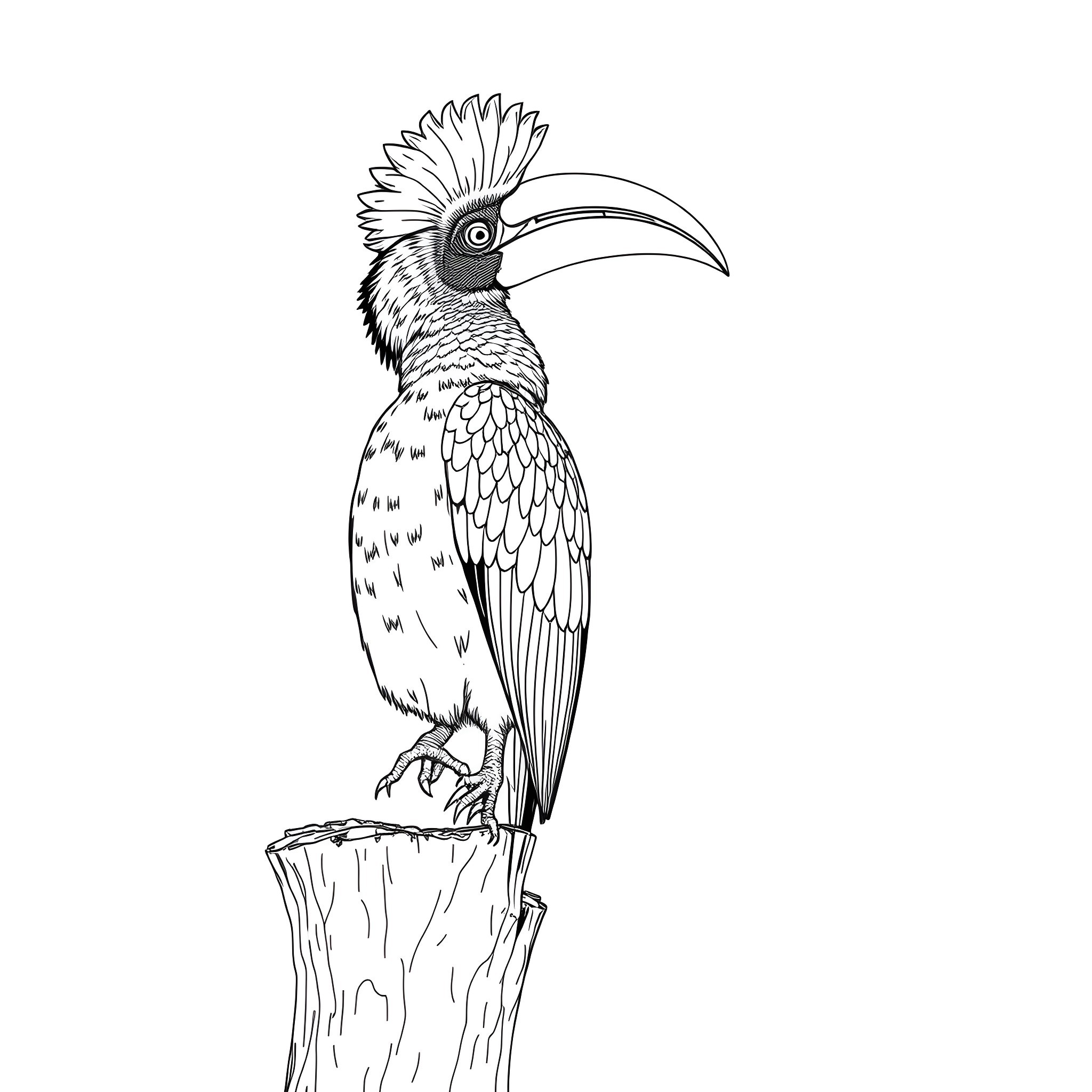 Hornbill perched on tree stump Coloring Page (free black-and-white line drawing printable PDF for all, from beginners to advanced learners, including children, teens, adults, and seniors)