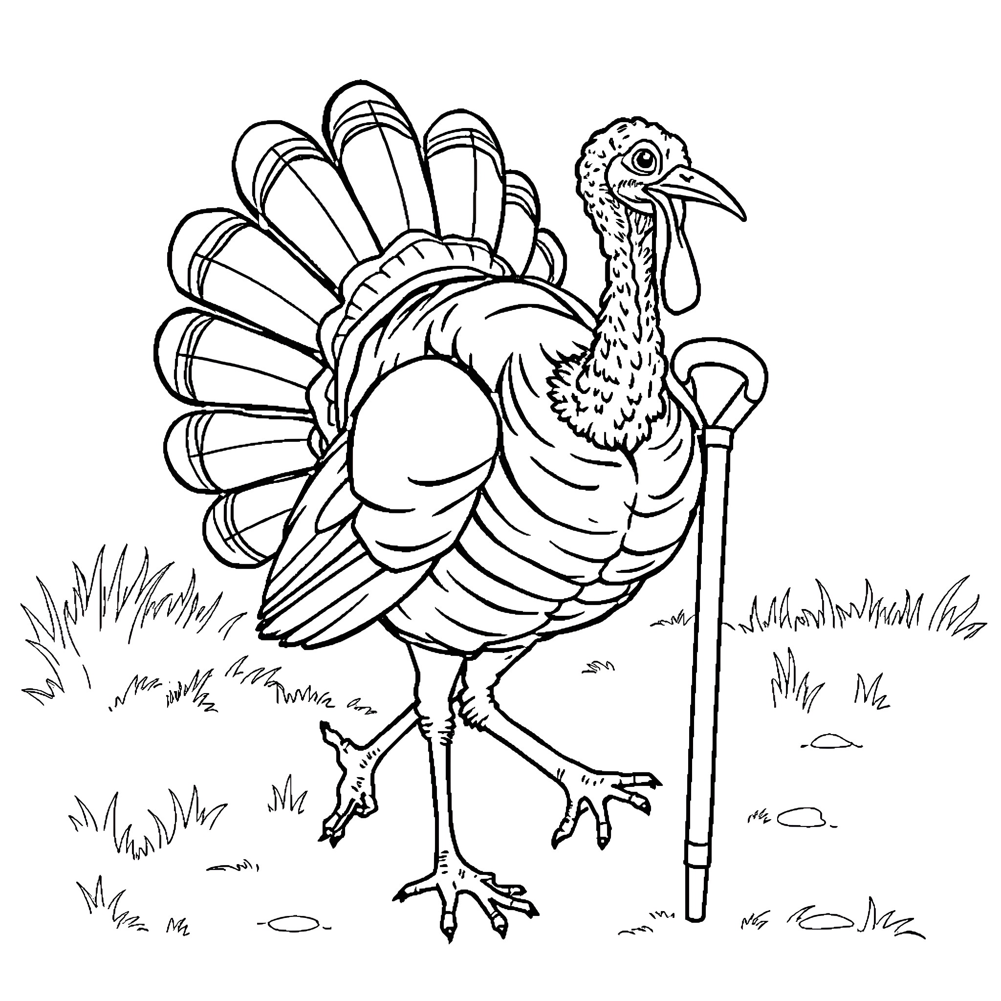 Turkey strutting with feathers on display Coloring Page (free black-and-white line drawing printable PDF for all, from beginners to advanced learners, including children, teens, adults, and seniors)