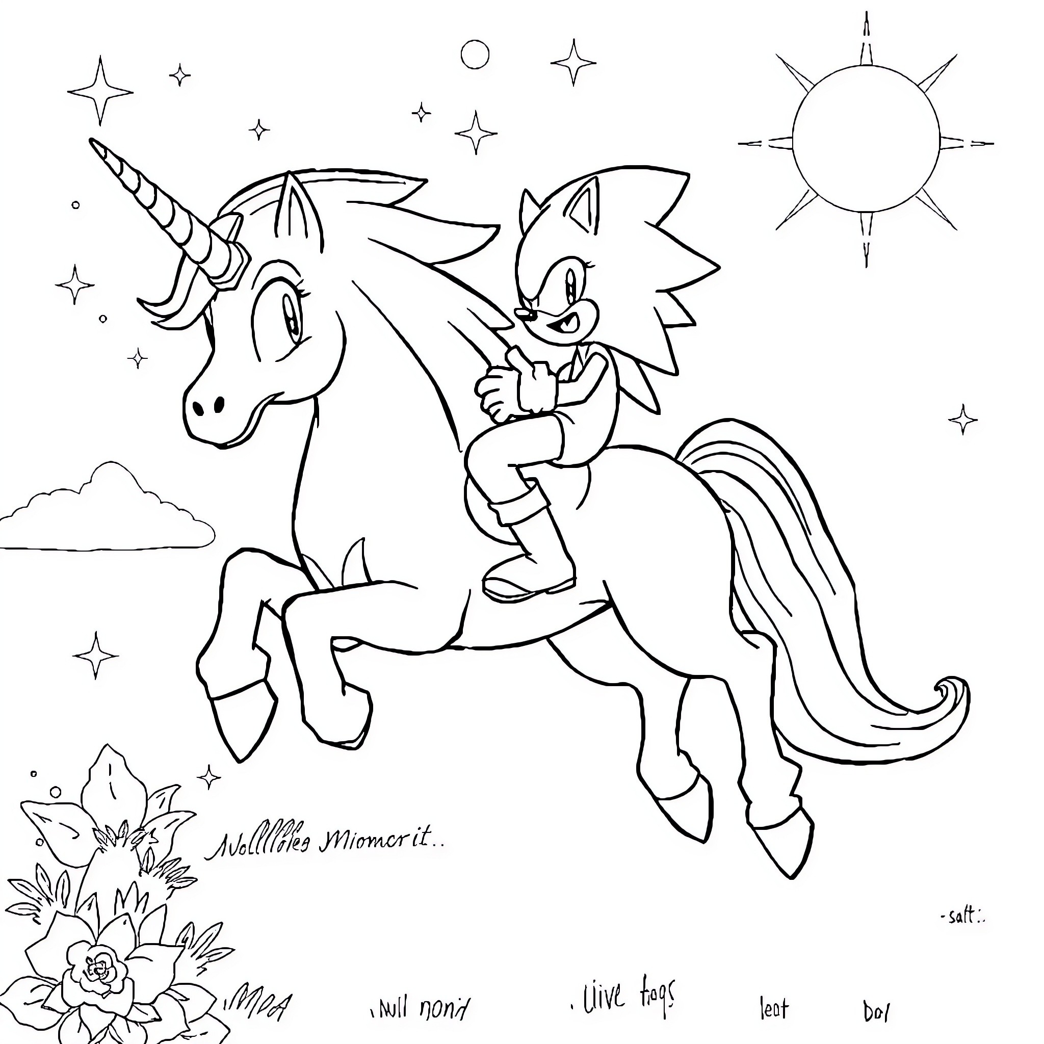 Sonic riding a magical unicorn in a starry sky Coloring Page (free black-and-white line drawing printable PDF for all, from beginners to advanced learners, including children, teens, adults, and seniors)