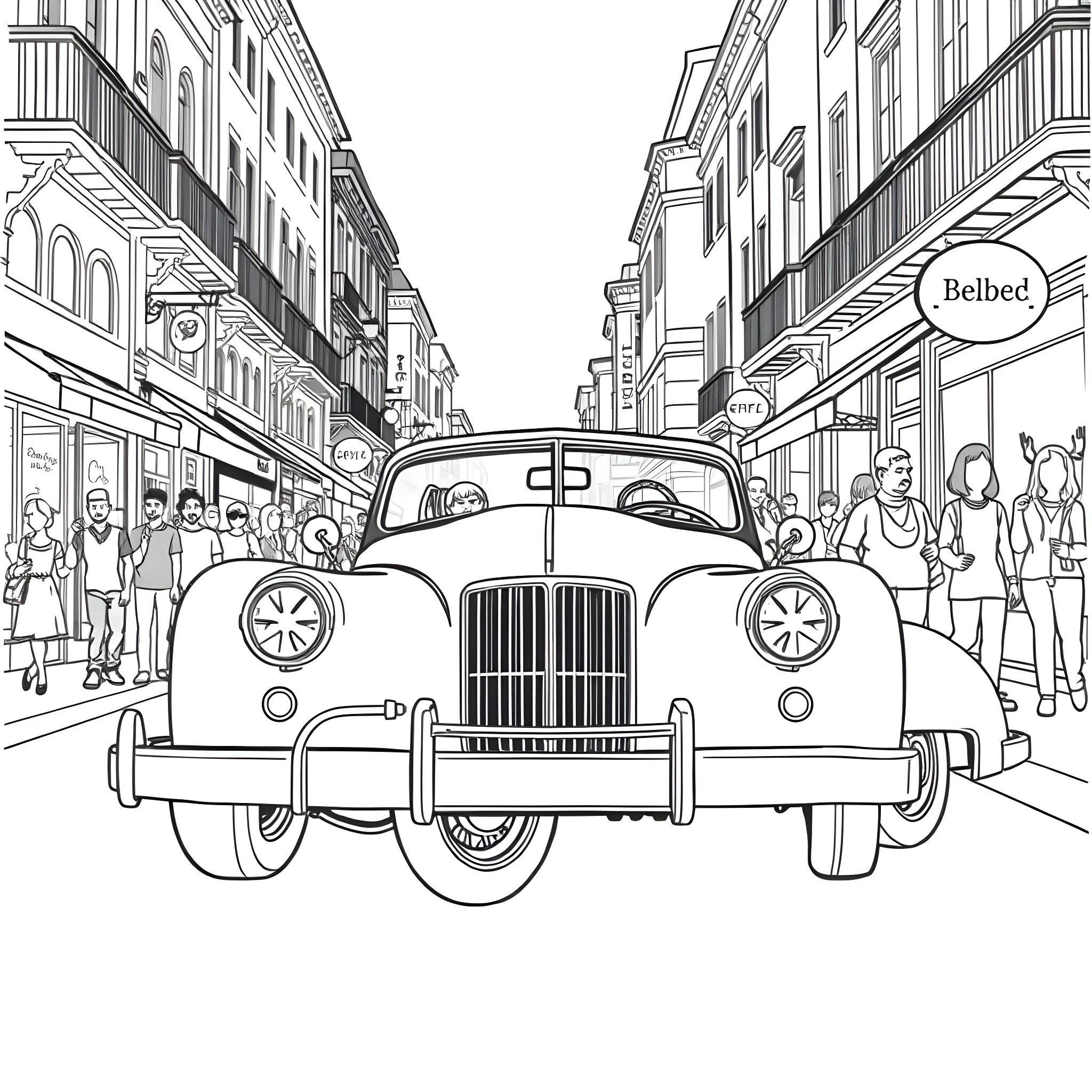 Car driving through a crowded city street Coloring Page (free black-and-white line drawing printable PDF for all, from beginners to advanced learners, including children, teens, adults, and seniors)