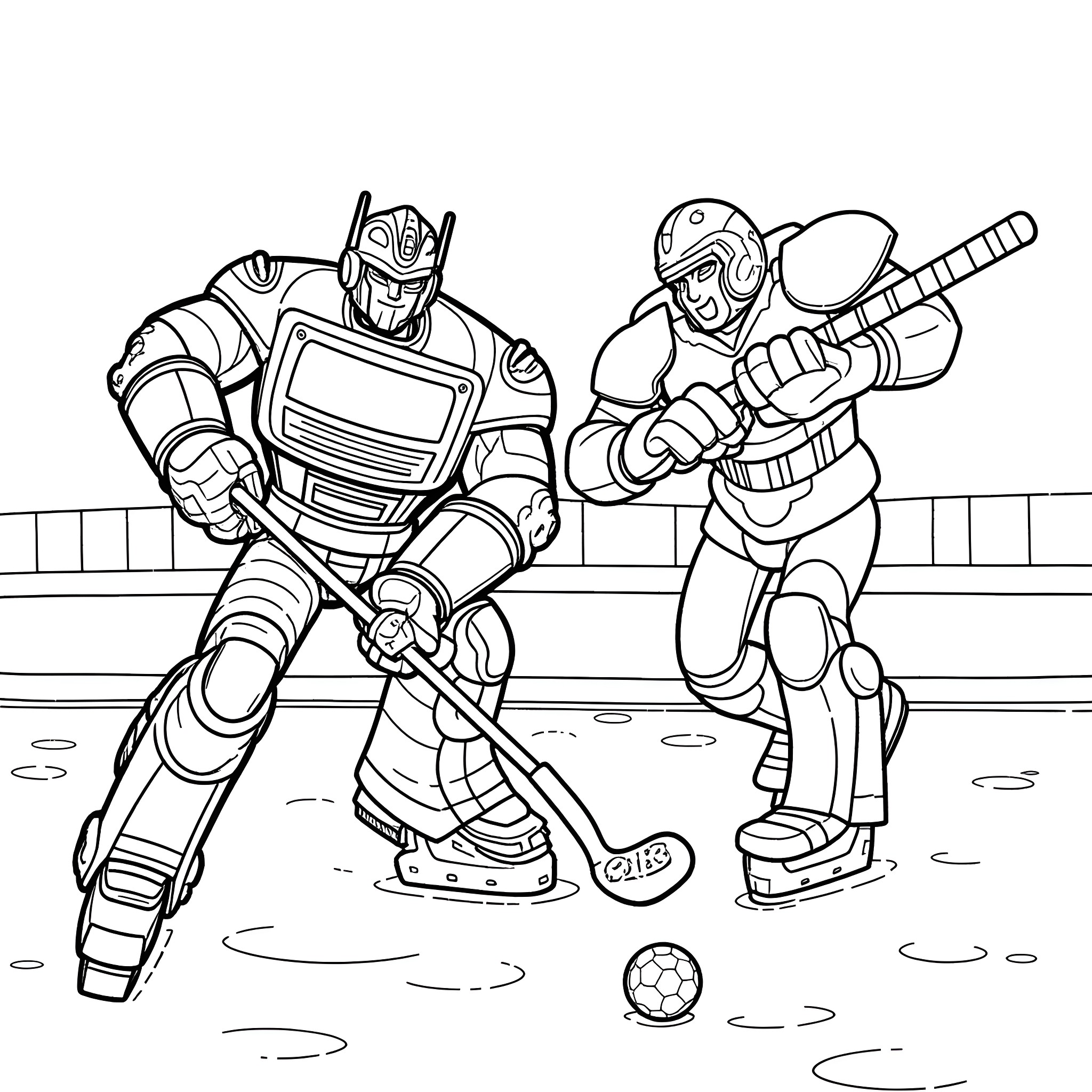 Optimus Prime and Autobot teammate playing hockey Coloring Page (free black-and-white line drawing printable PDF for all, from beginners to advanced learners, including children, teens, adults, and seniors)