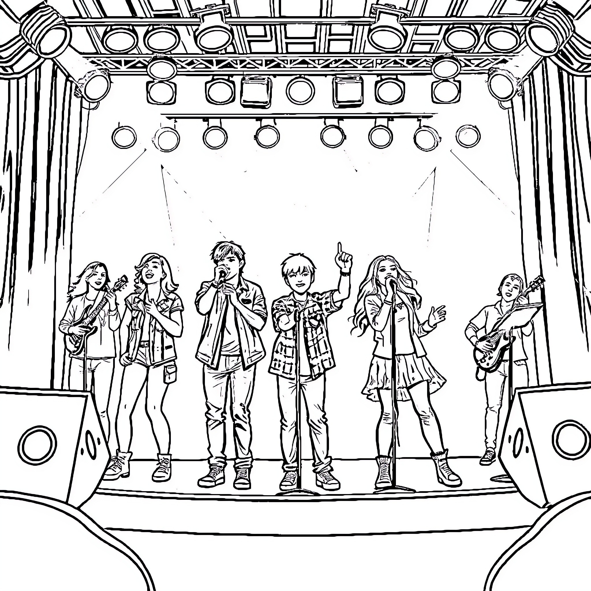 Singer performing energetically on stage with band Coloring Page (free black-and-white line drawing printable PDF for all, from beginners to advanced learners, including children, teens, adults, and seniors)
