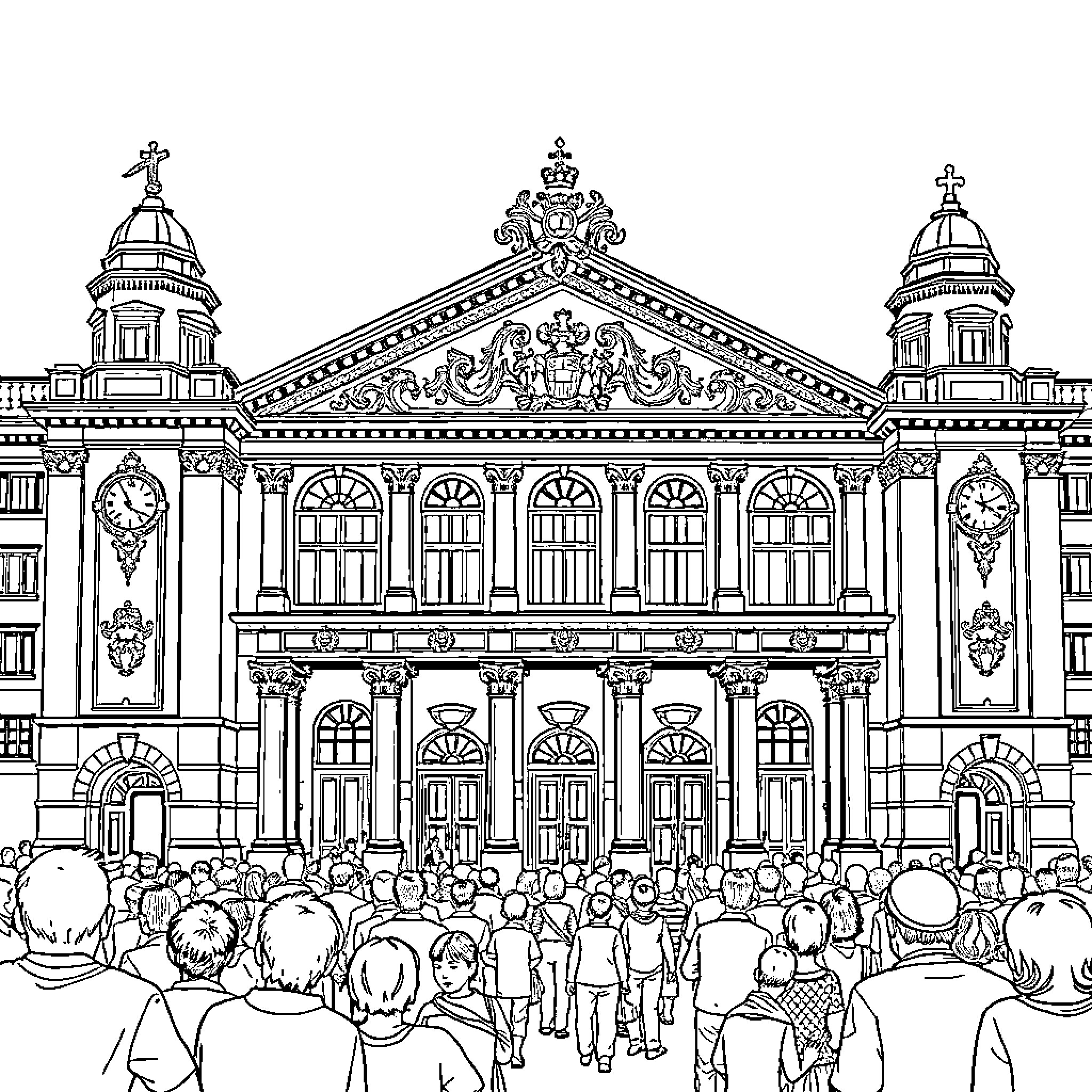 Staatstheater with Crowd Gathered Outside Coloring Page (free black-and-white line drawing printable PDF for all, from beginners to advanced learners, including children, teens, adults, and seniors)