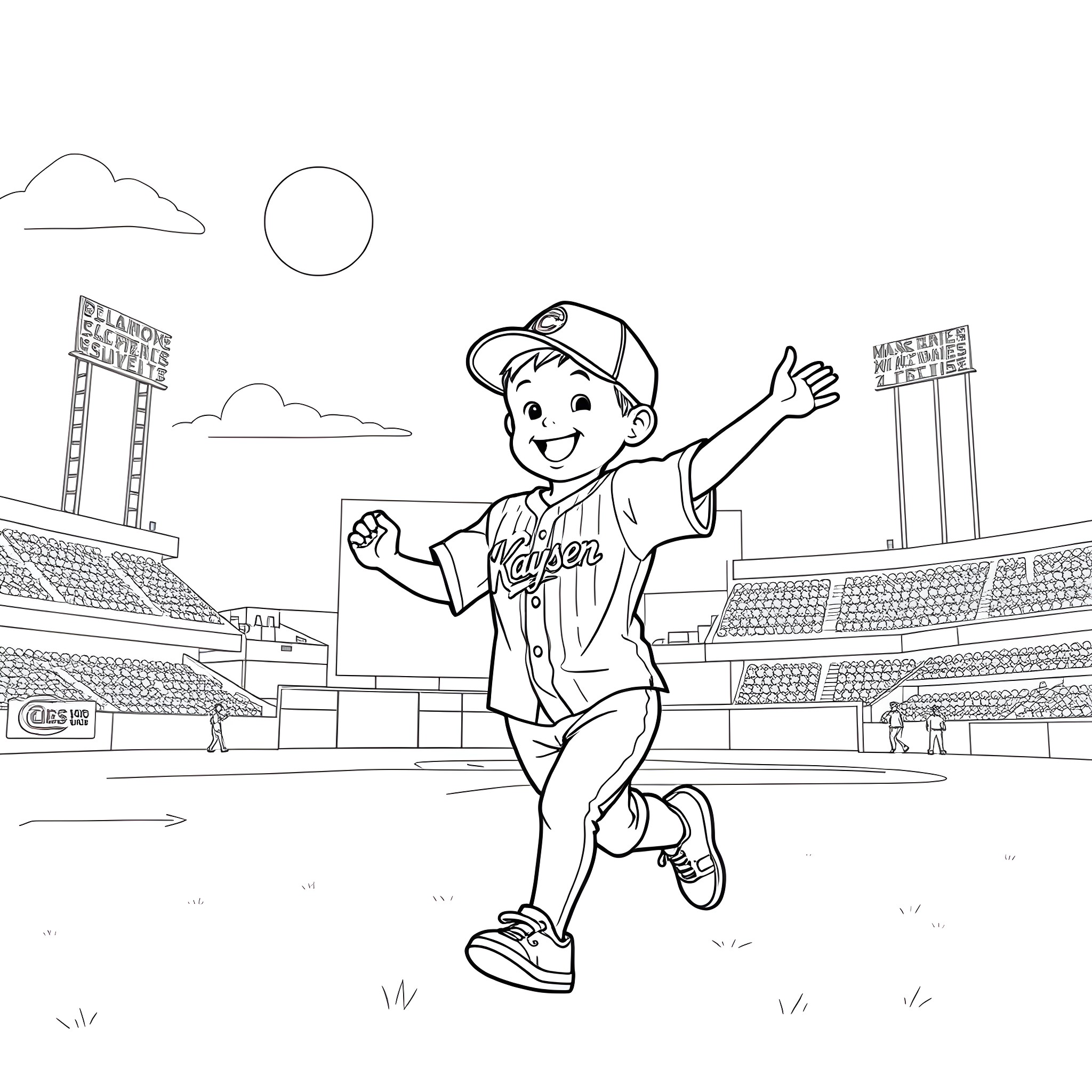 Boy happily celebrating victory at the baseball stadium Coloring Page (free black-and-white line drawing printable PDF for all, from beginners to advanced learners, including children, teens, adults, and seniors)