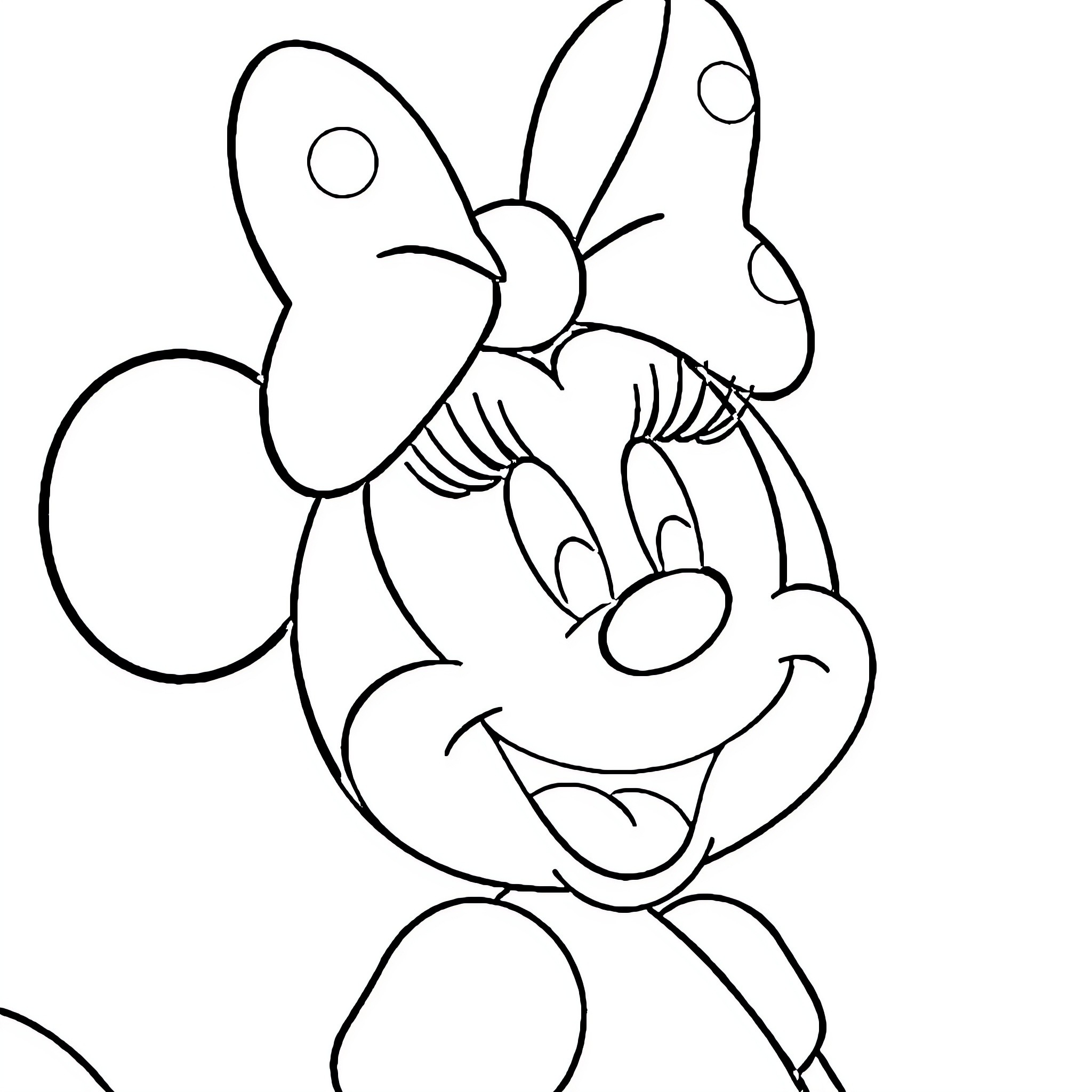 Minnie Mouse smiling and posing happily Coloring Page (free black-and-white line drawing printable PDF for all, from beginners to advanced learners, including children, teens, adults, and seniors)