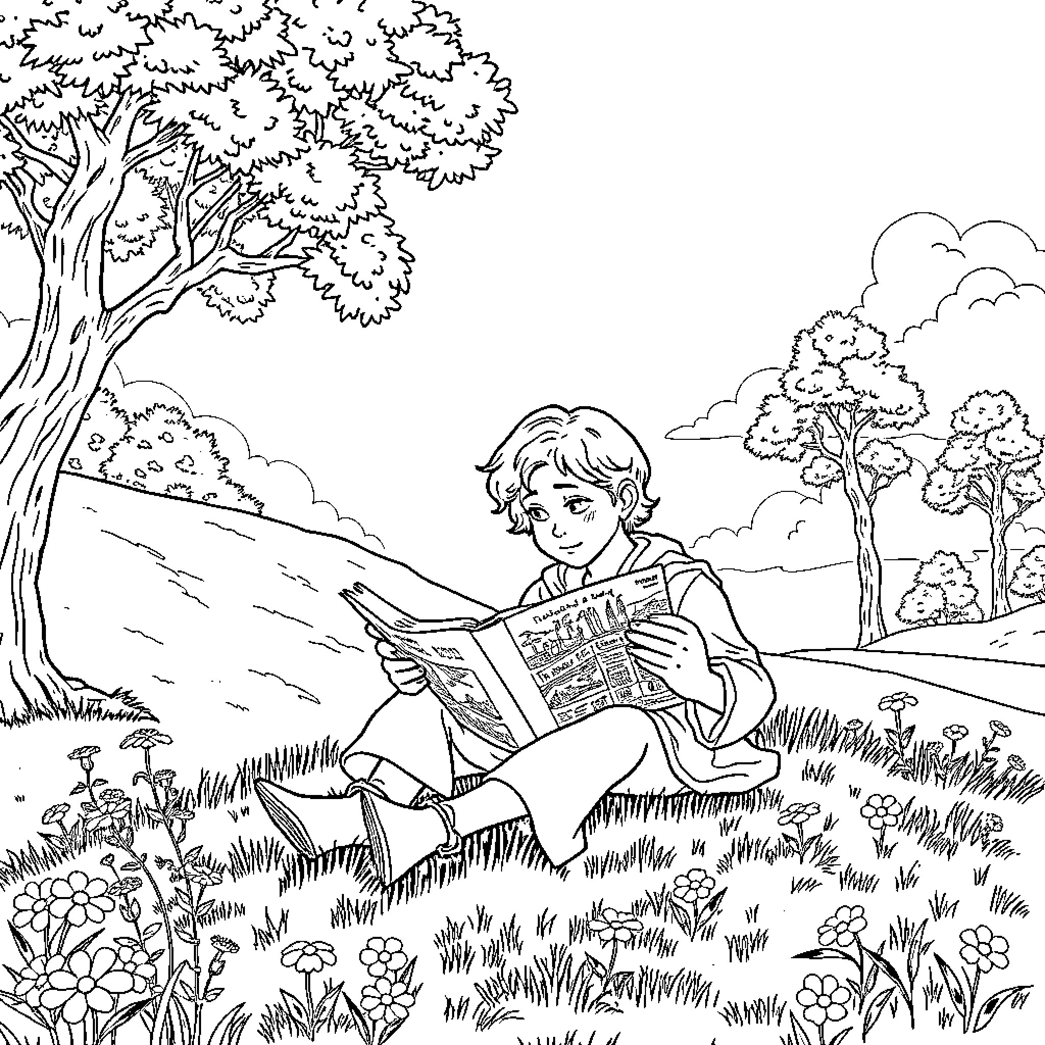 Frodo reading a book in the peaceful forest Coloring Page (free black-and-white line drawing printable PDF for all, from beginners to advanced learners, including children, teens, adults, and seniors)