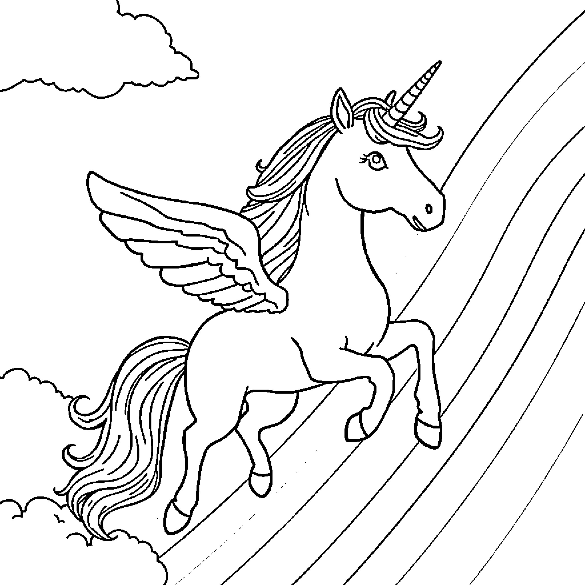 Unicorn soaring through the clouds Coloring Page (free black-and-white line drawing printable PDF for all, from beginners to advanced learners, including children, teens, adults, and seniors)