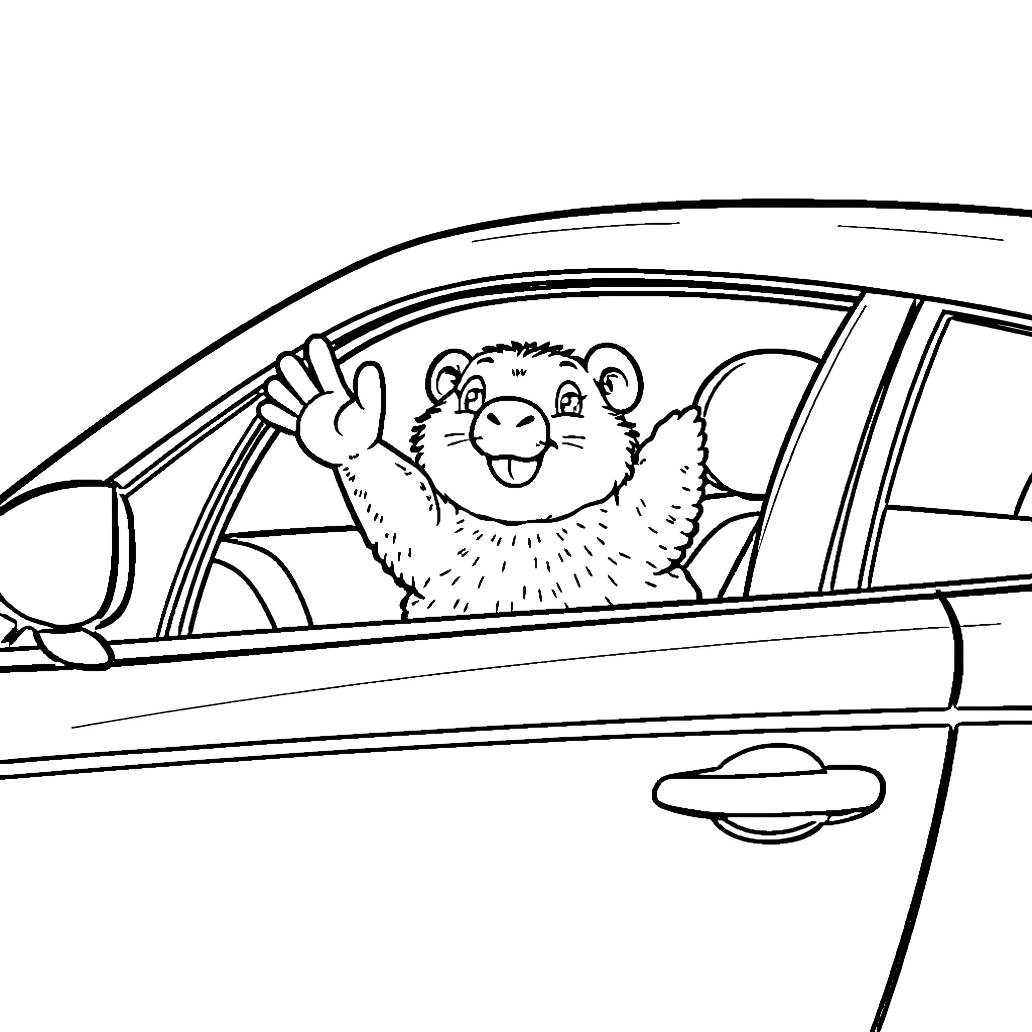 Mole waving cheerfully from car window Coloring Page (free black-and-white line drawing printable PDF for all, from beginners to advanced learners, including children, teens, adults, and seniors)