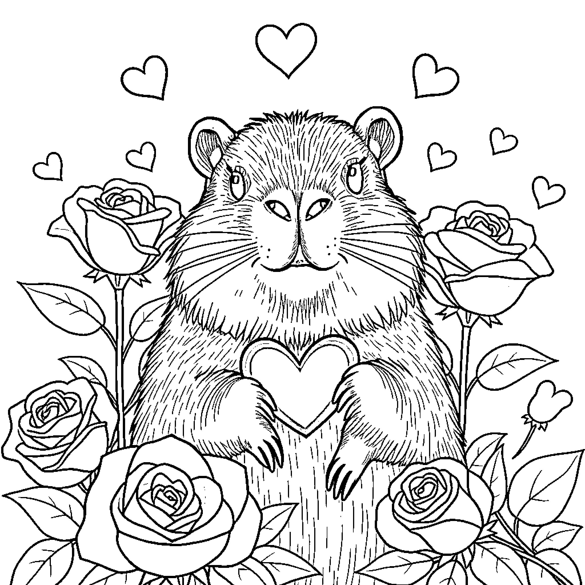 Capybara surrounded by hearts and roses Coloring Page (free black-and-white line drawing printable PDF for all, from beginners to advanced learners, including children, teens, adults, and seniors)