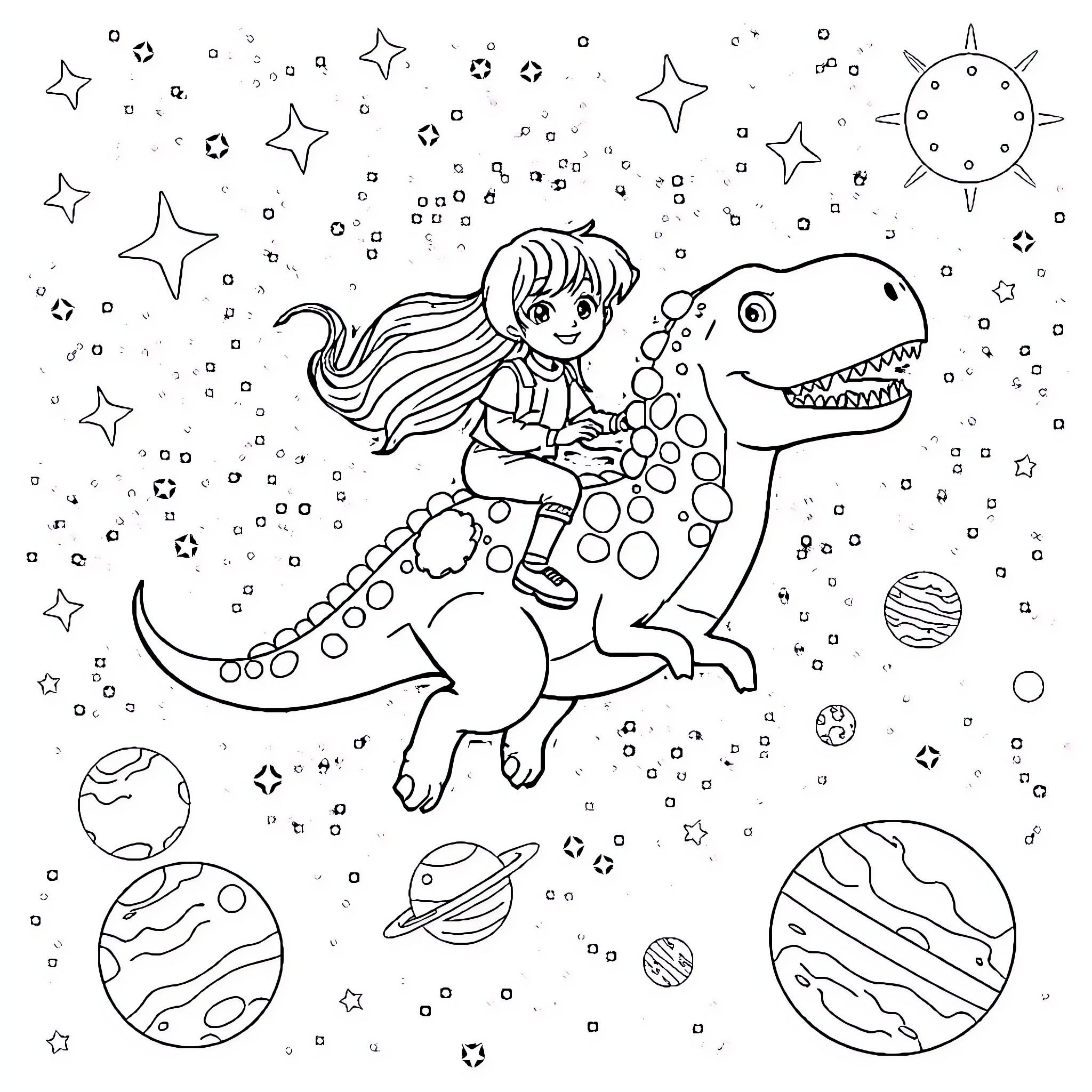 Dinosaur girl exploring the cosmic universe Coloring Page (free black-and-white line drawing printable PDF for all, from beginners to advanced learners, including children, teens, adults, and seniors)